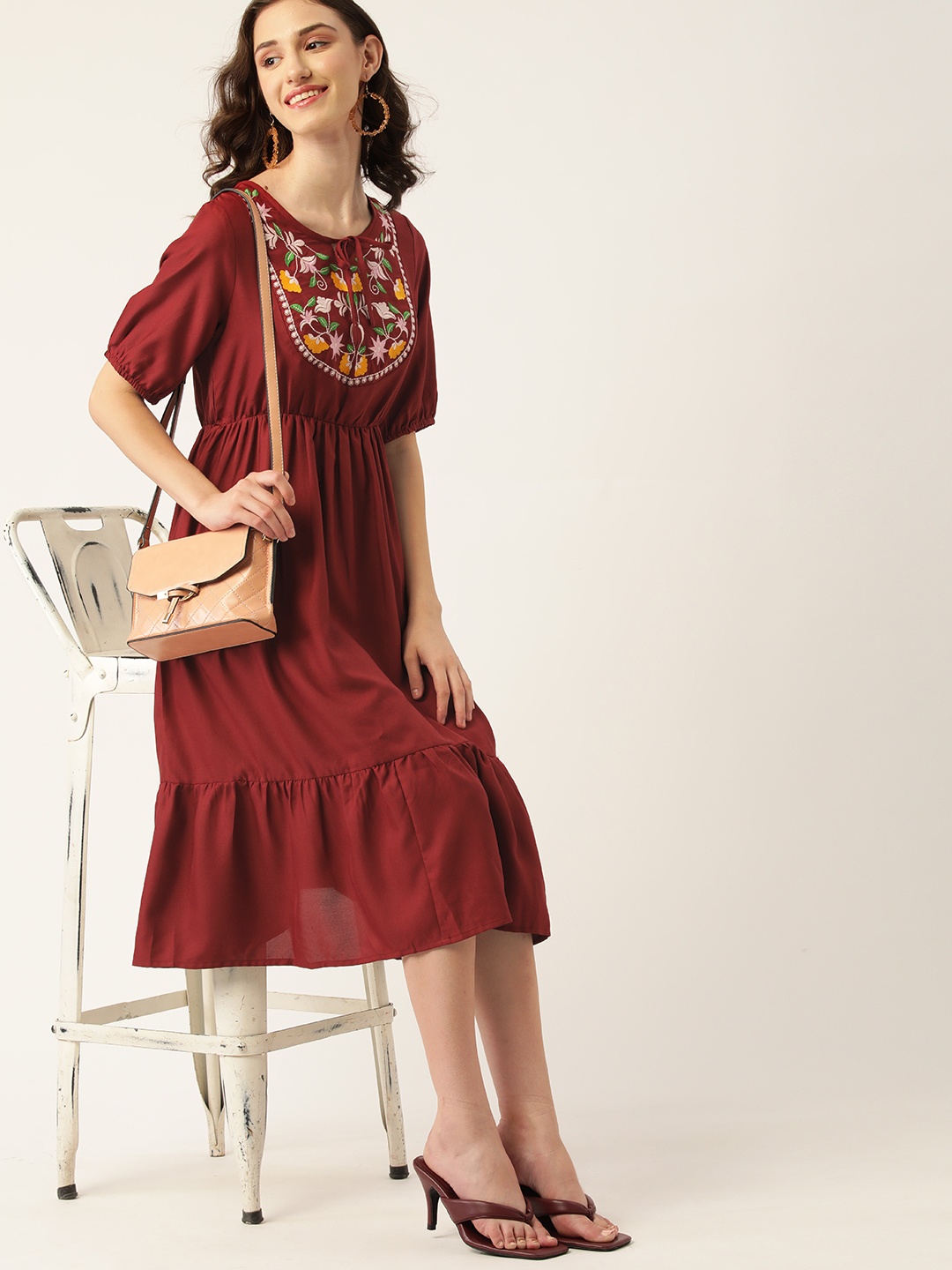 

DressBerry Maroon Floral Embroidered Tie-Up Neck A-Line Midi Dress