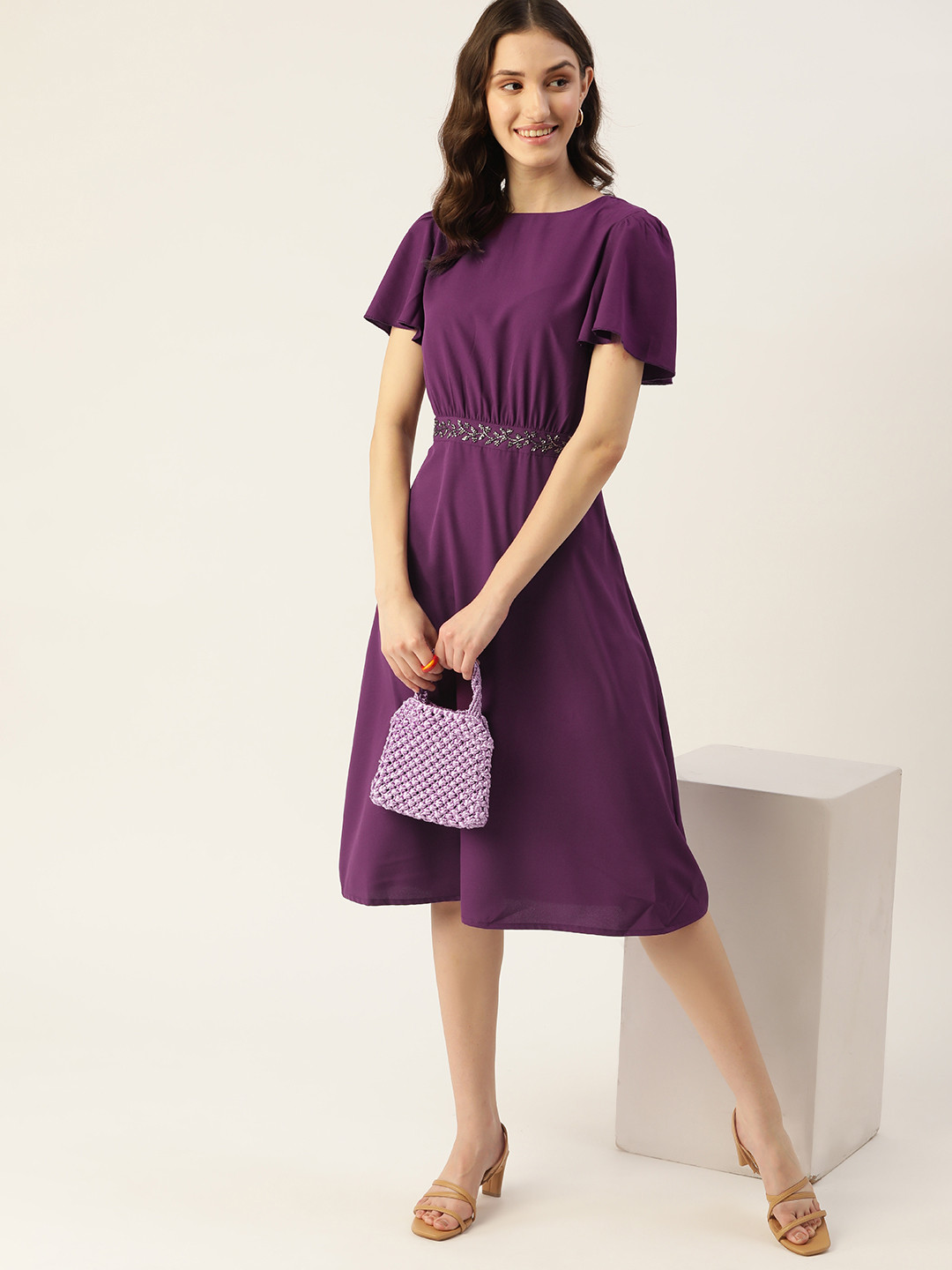 

DressBerry Purple Solid Flared Sleeves A-Line Dress With Embellished Detail