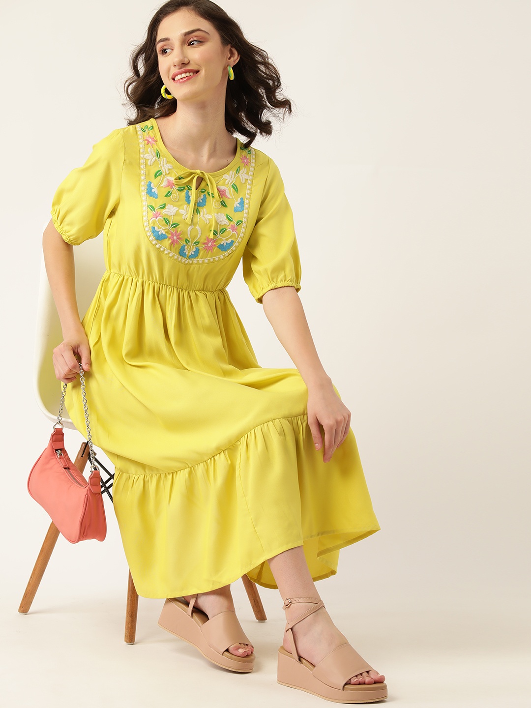 

DressBerry Lime Green Floral Embroidered Tie-Up Neck A-Line Midi Dress