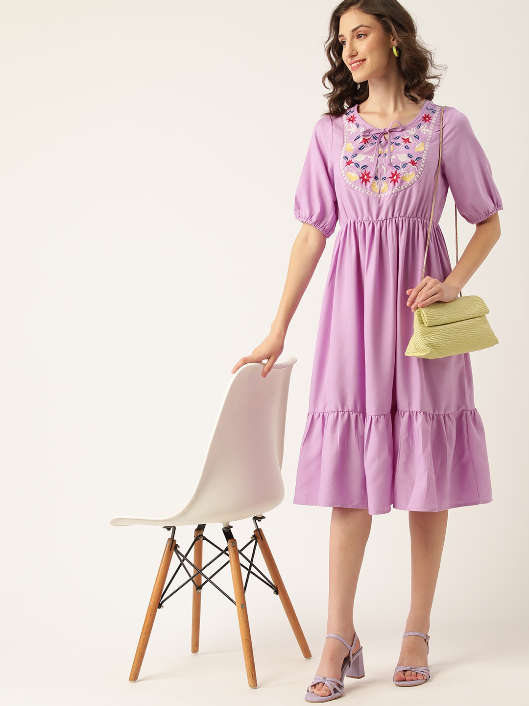 

DressBerry Lavender Floral Embroidered Tie-Up Neck A-Line Midi Dress