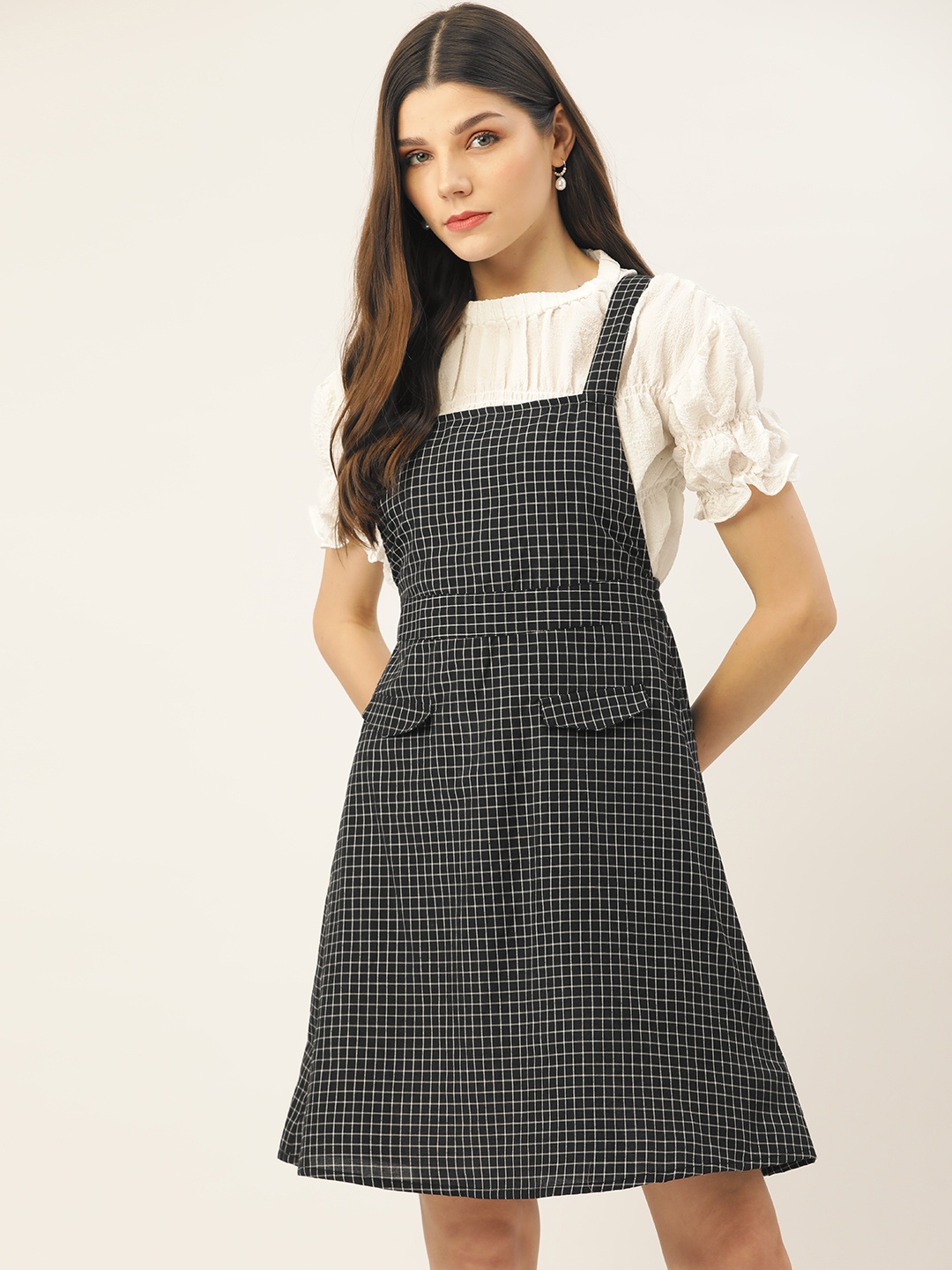

DressBerry Black & Off White Checked Pinafore Dress