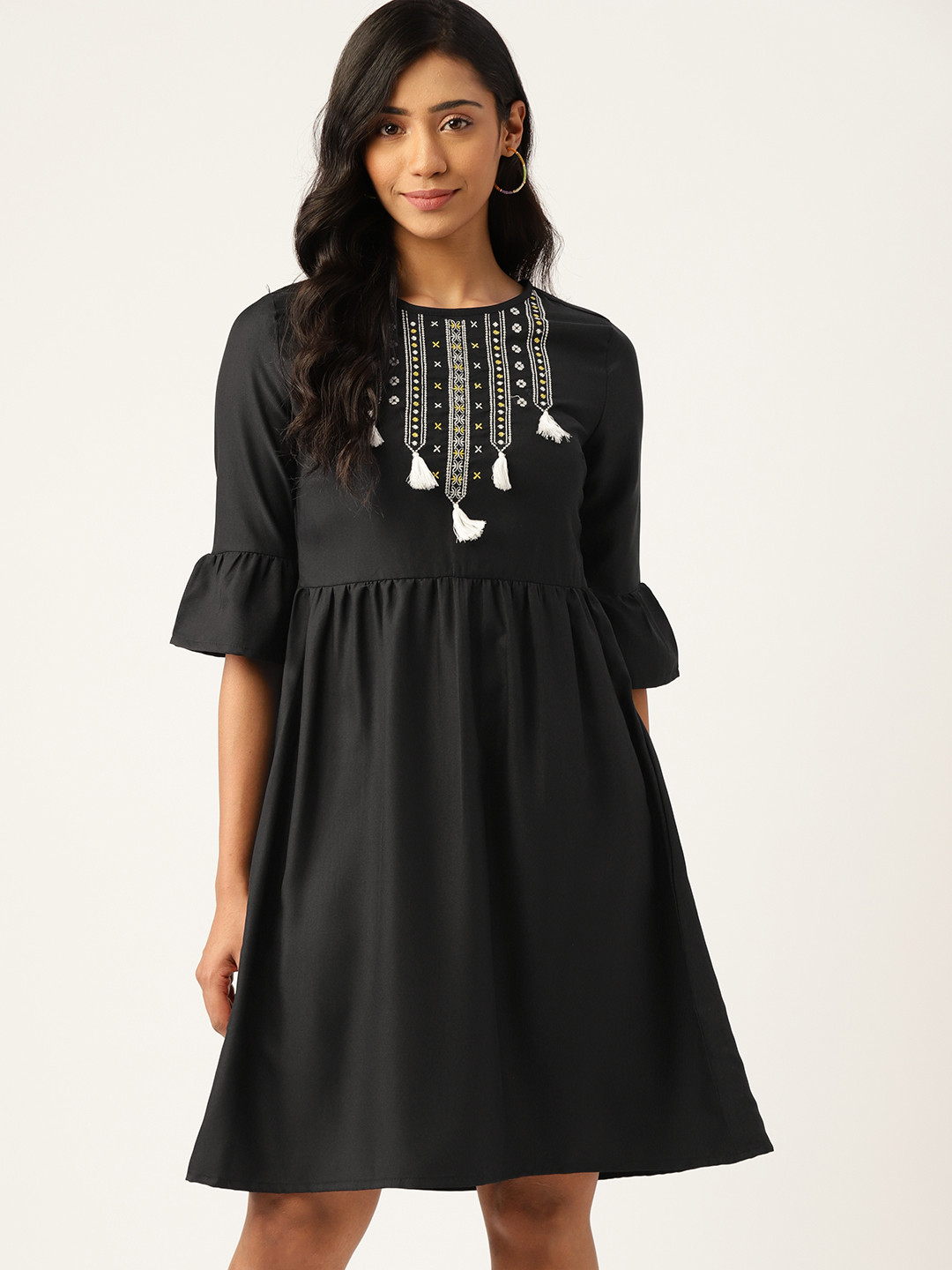 

DressBerry Women Black & White Ethnic Motifs Embroidered A-Line Dress