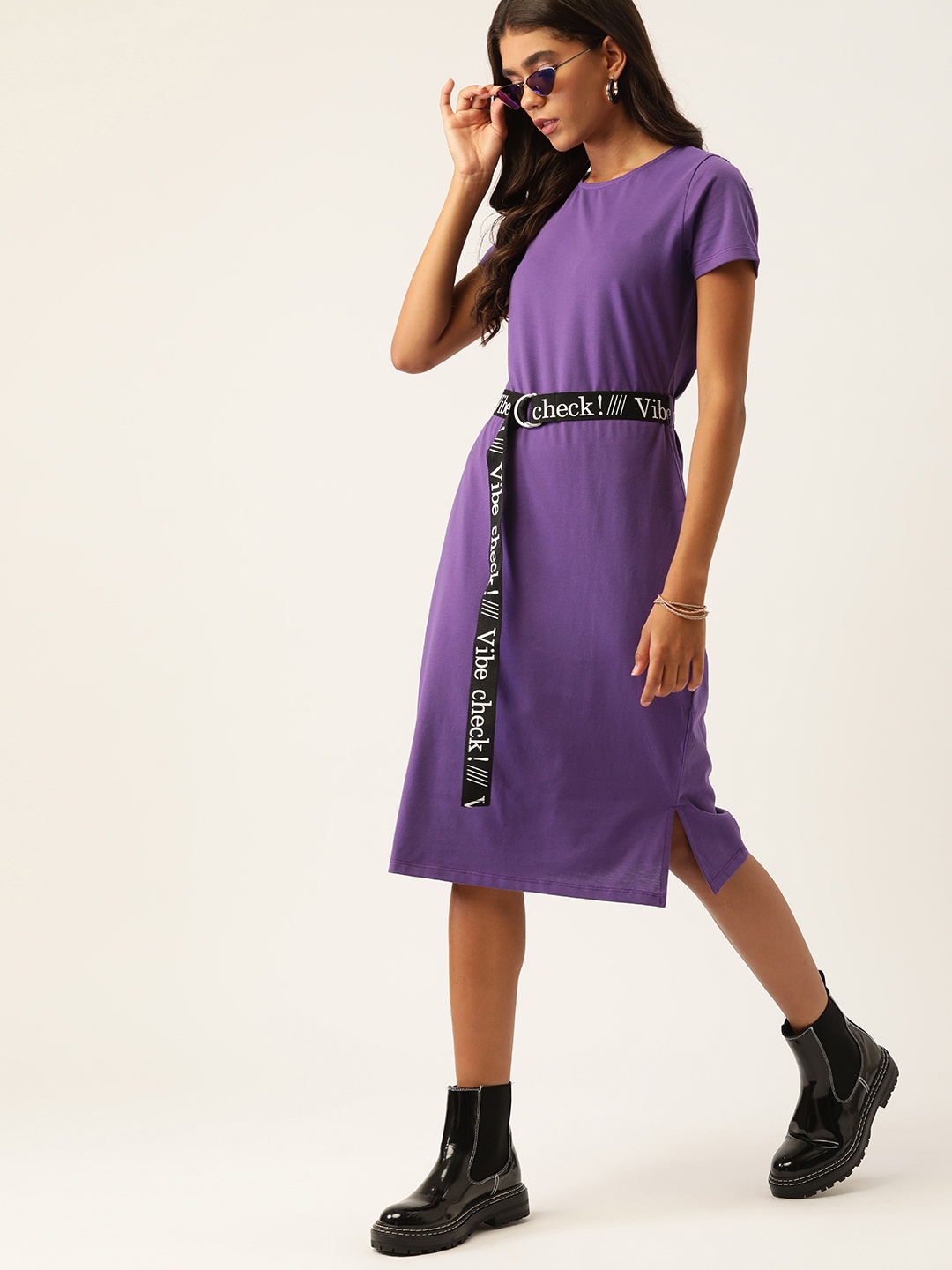 

DressBerry Women Purple Solid T-shirt Dress with a belt