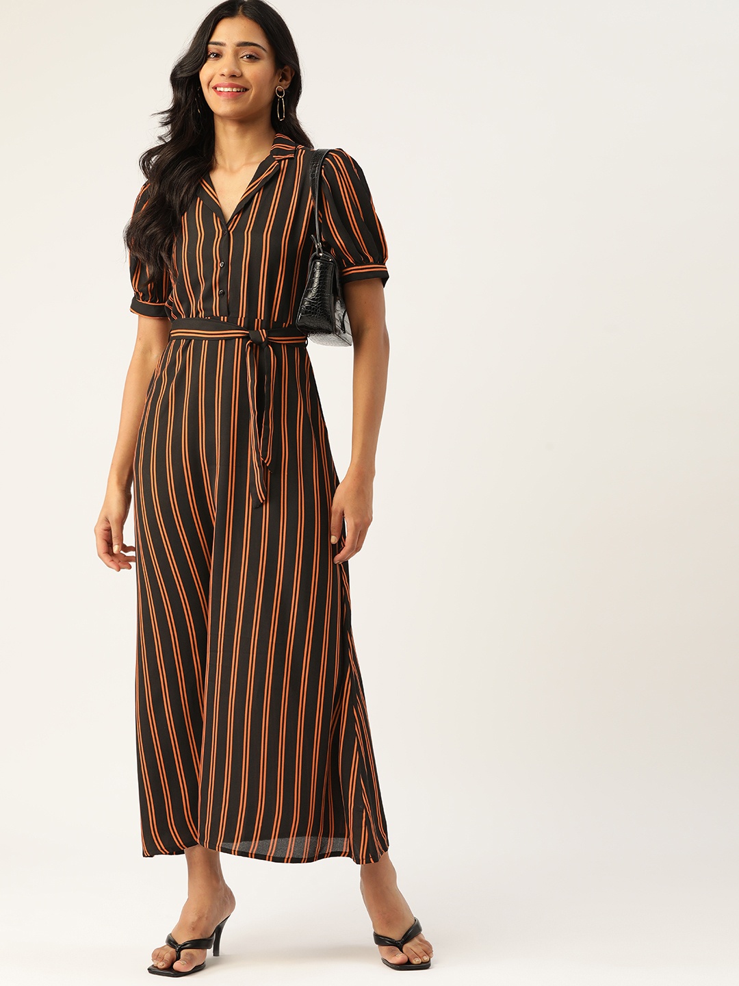 

DressBerry Black & Peach-Coloured Striped Maxi Shirt Dress