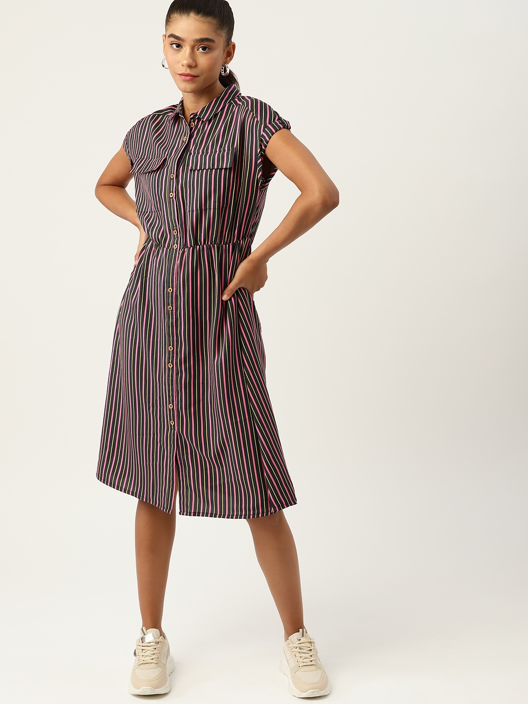 

DressBerry Women Black & Pink Striped Extended Sleeves Knee Length Shirt Dress