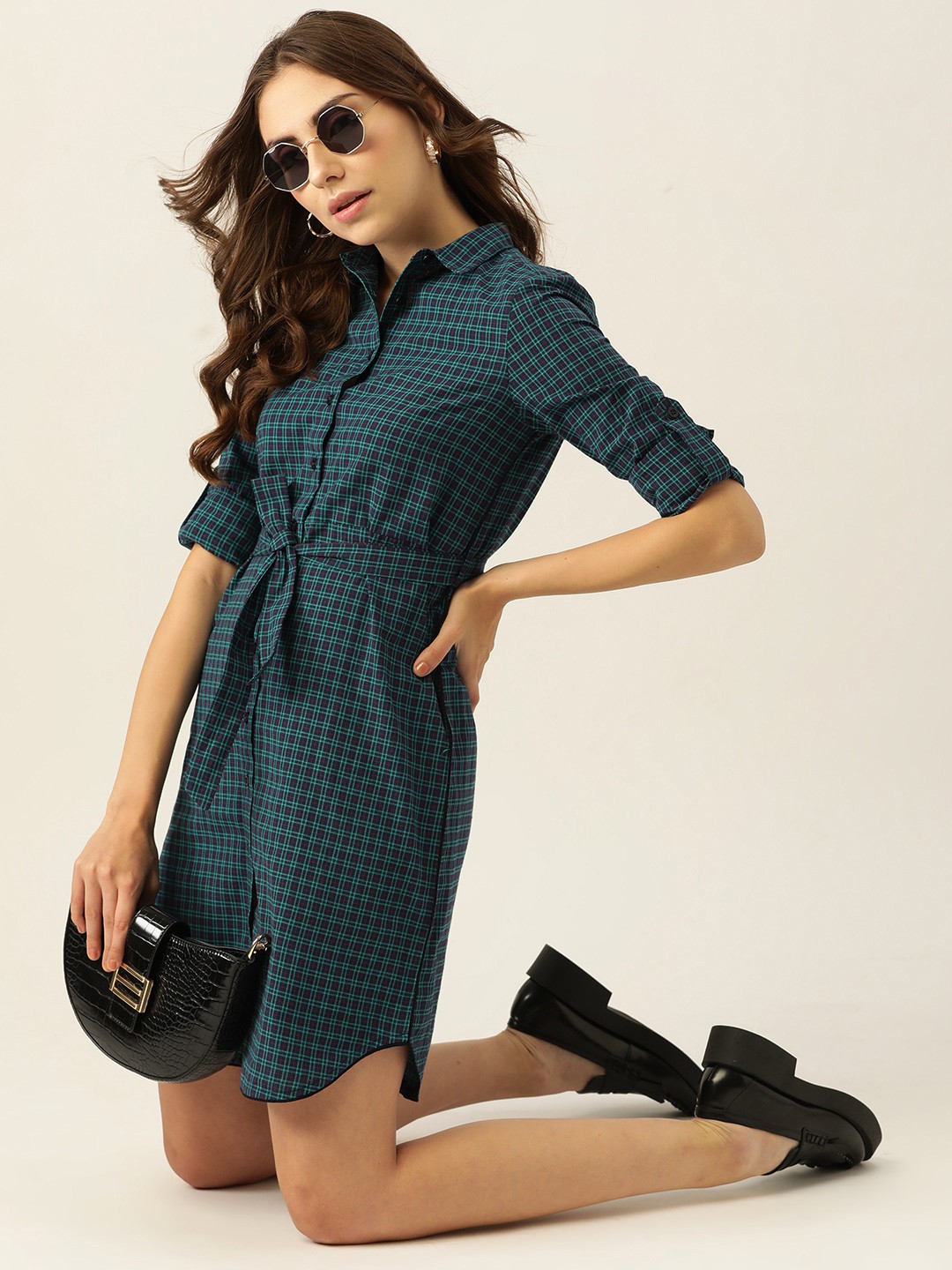 

DressBerry Women Green & Navy Blue Checked Shirt Dress