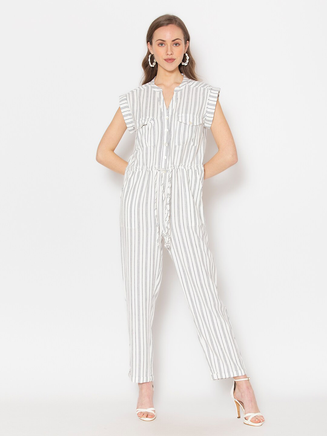 

FLAWLESS White & Grey Striped Cotton Basic Jumpsuit