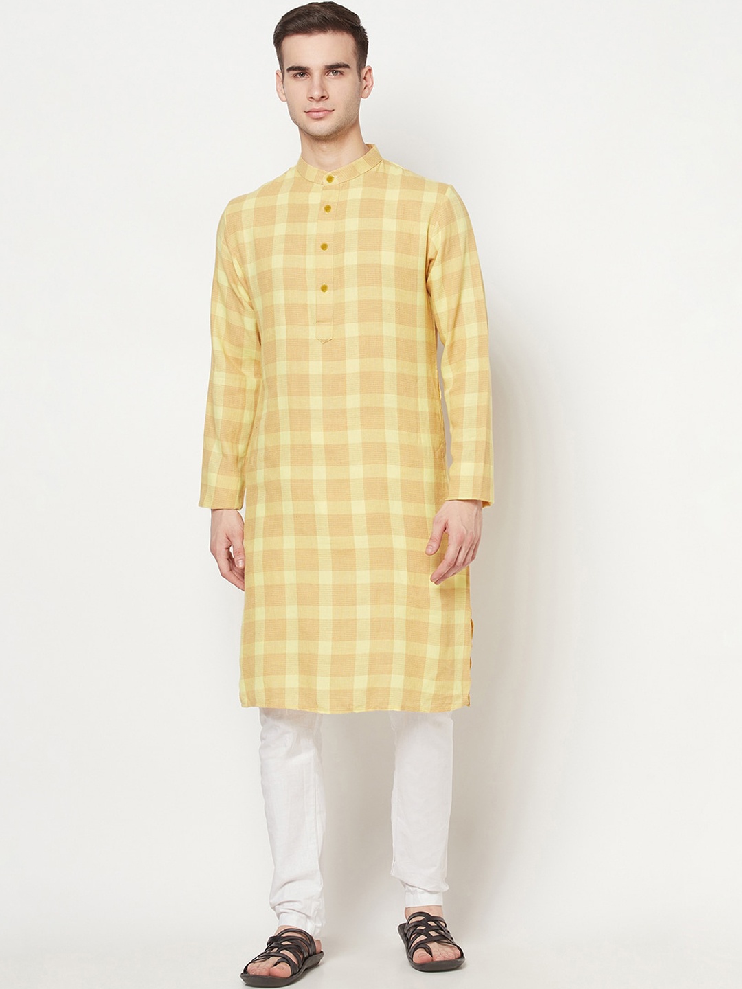 

Purple State Men Yellow Checked Thread Work Kurta