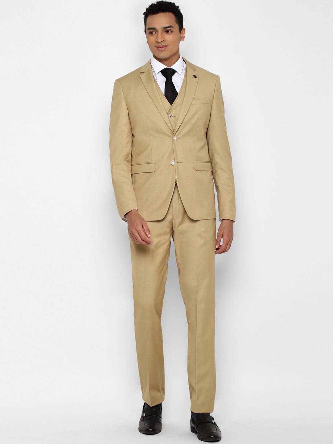 

Allen Solly Men Khaki Brown Solid Three Piece Suit