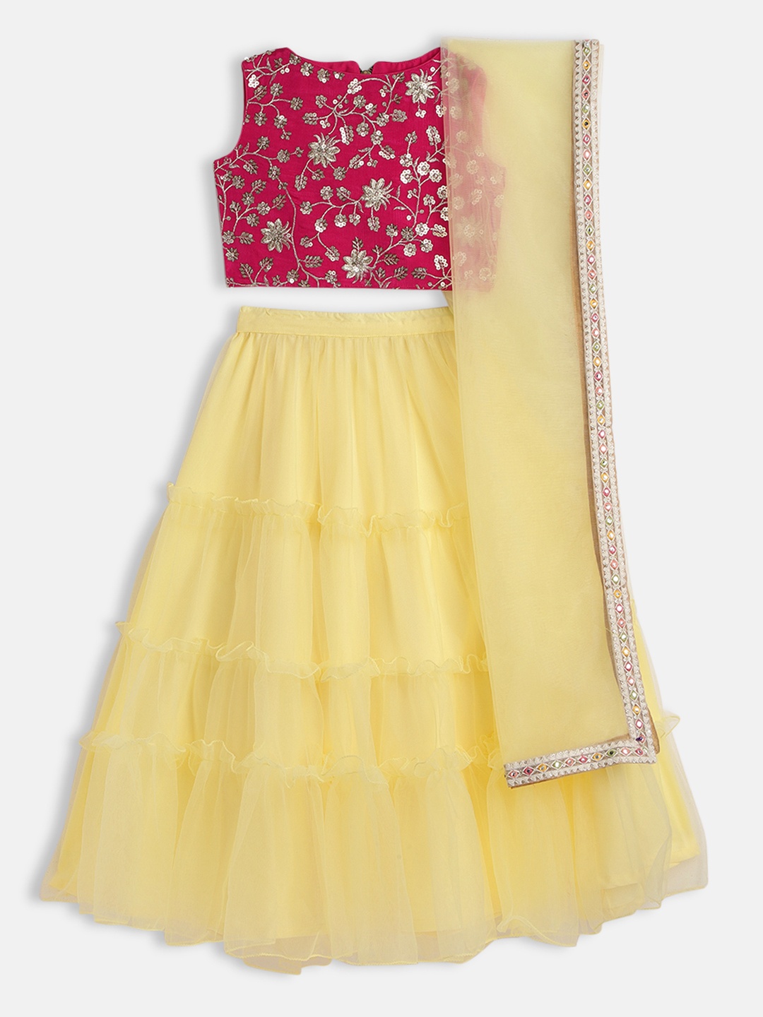 

Ethnovog Girls Pink Yellow Embroidered Thread Work Ready to Wear Lehenga Set