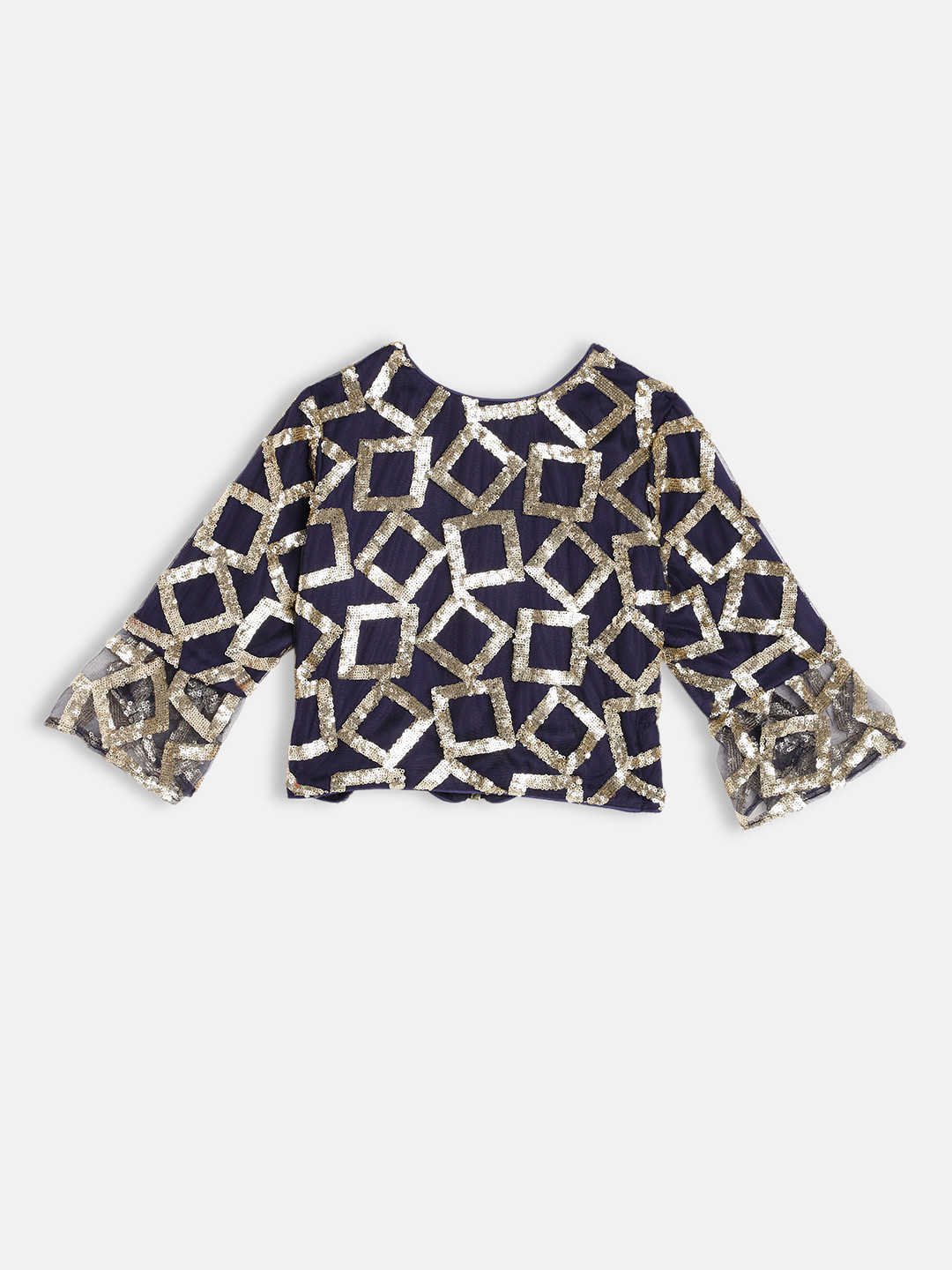 

Ethnovog Girls Navy Blue Gold-Toned Embellished Sequinned Made to Measure Lehenga Blouse With Dupatta