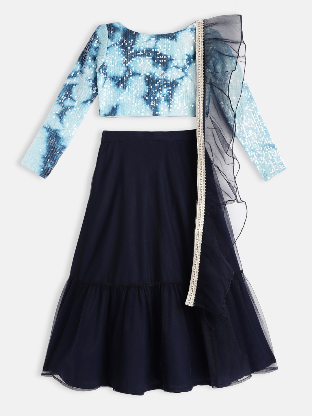 

Ethnovog Girls Blue Printed Sequinned Made to Measure Lehenga Blouse With Dupatta