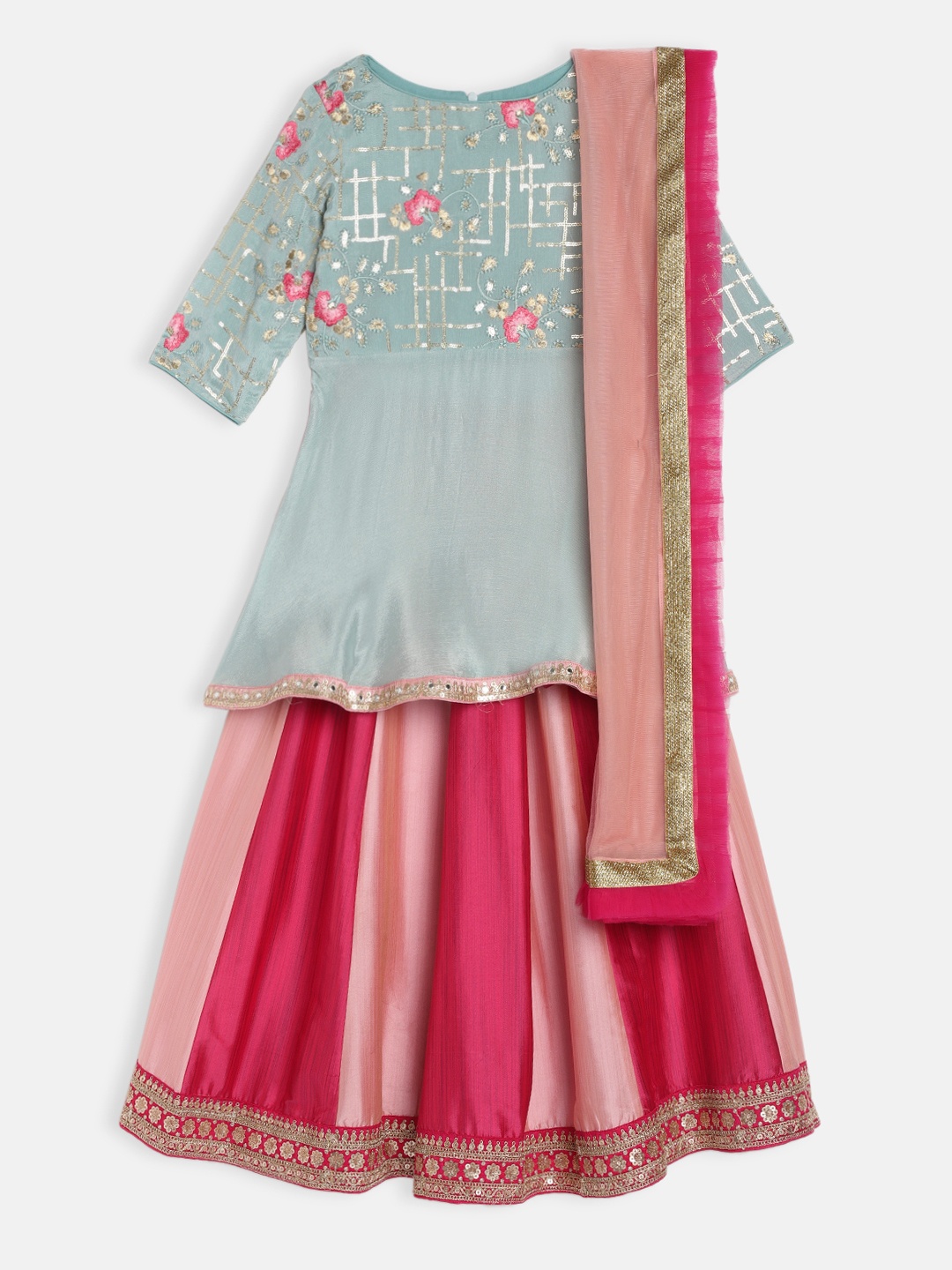 

Ethnovog Girls Blue Pink Embroidered Sequinned Made to Measure Lehenga Blouse With Dupatta