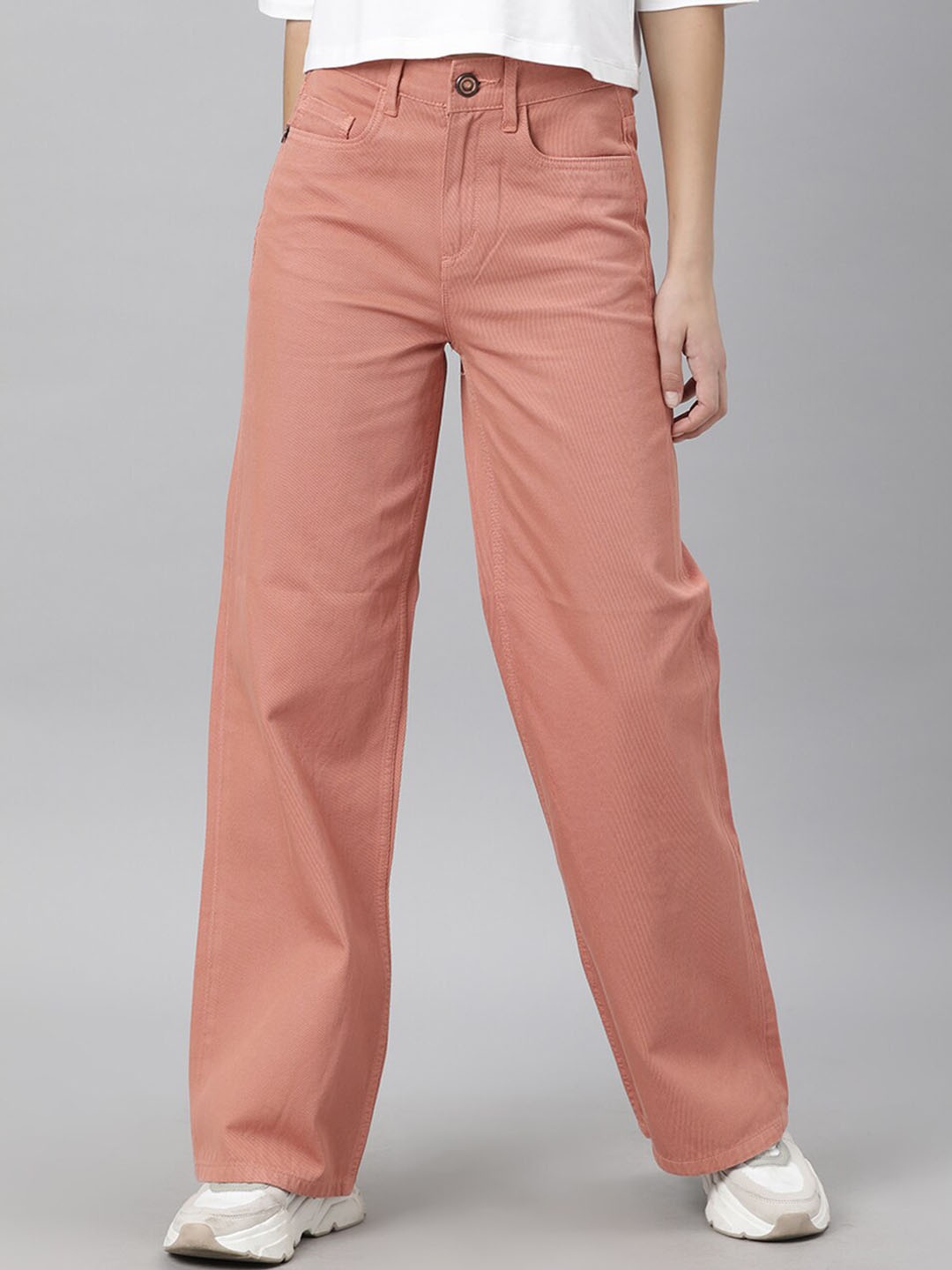 

RAREISM Women Peach-Coloured Tailored High-Rise Cotton Trousers