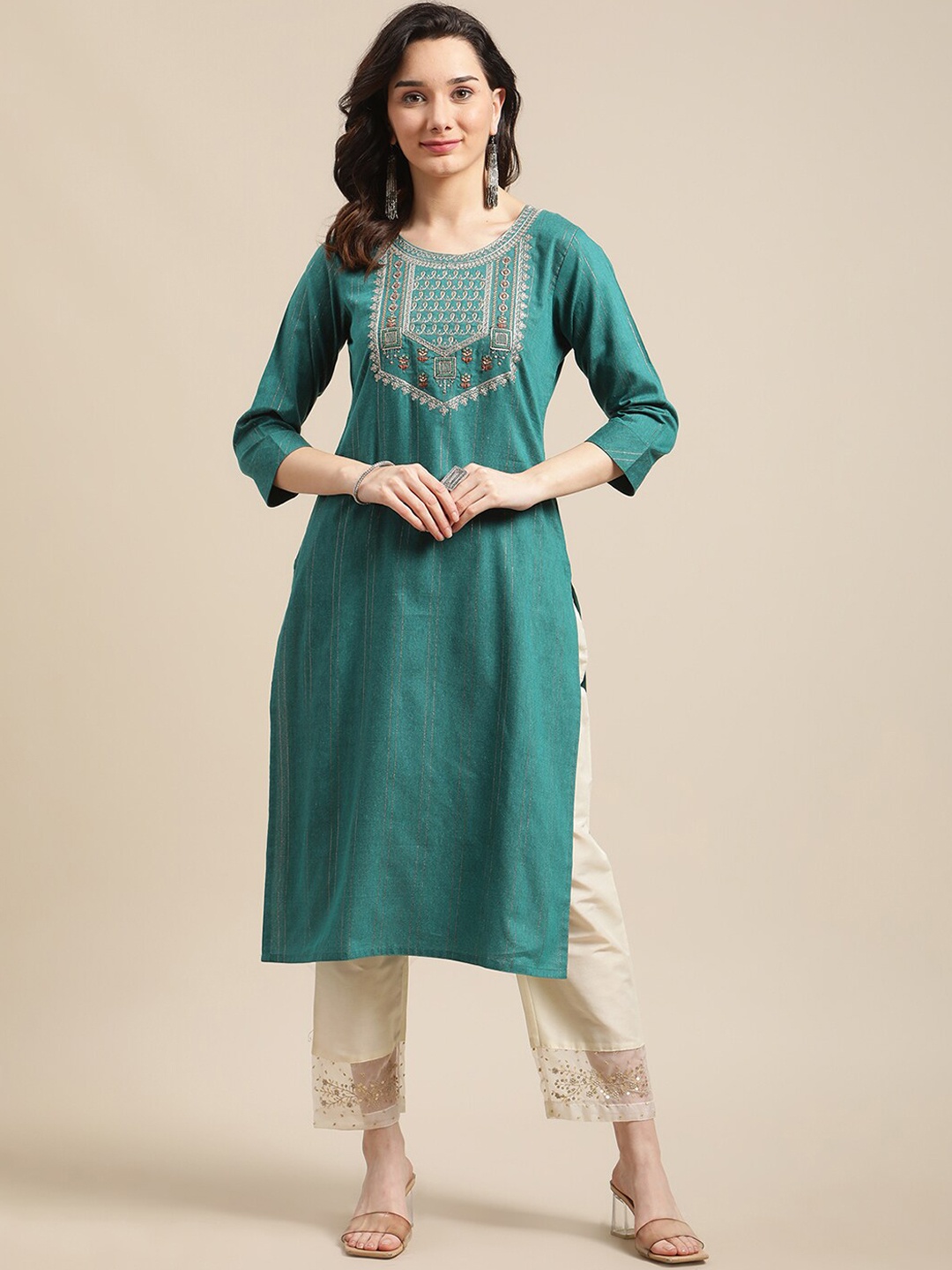

KSUT Women Turquoise Blue Ethnic Motifs Yoke Design Kurta with Trousers