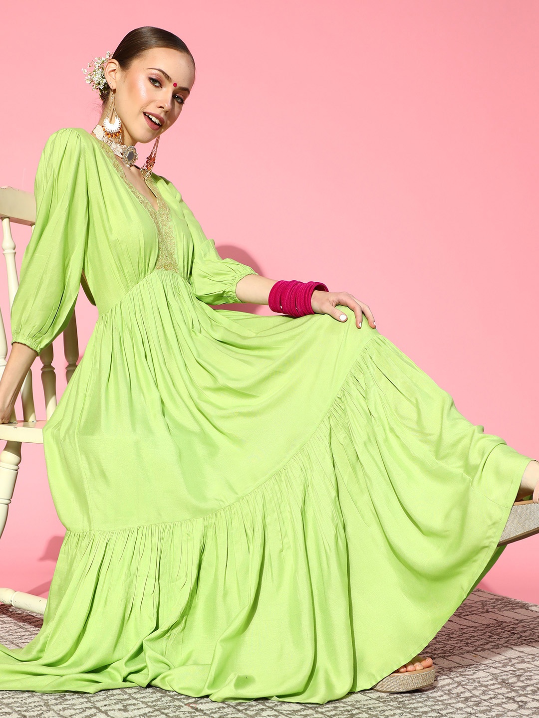 

Sangria Green Ethnic Tiered Maxi Dress