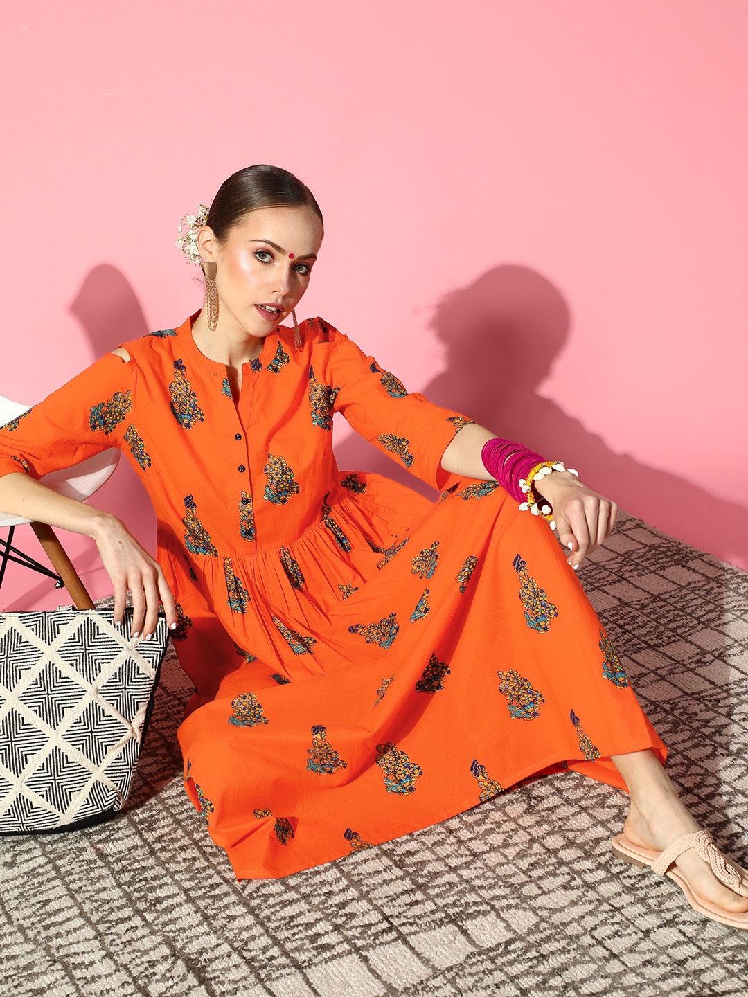 

Sangria Orange Ethnic Motifs Ethnic A-Line Pure Cotton Midi Dress