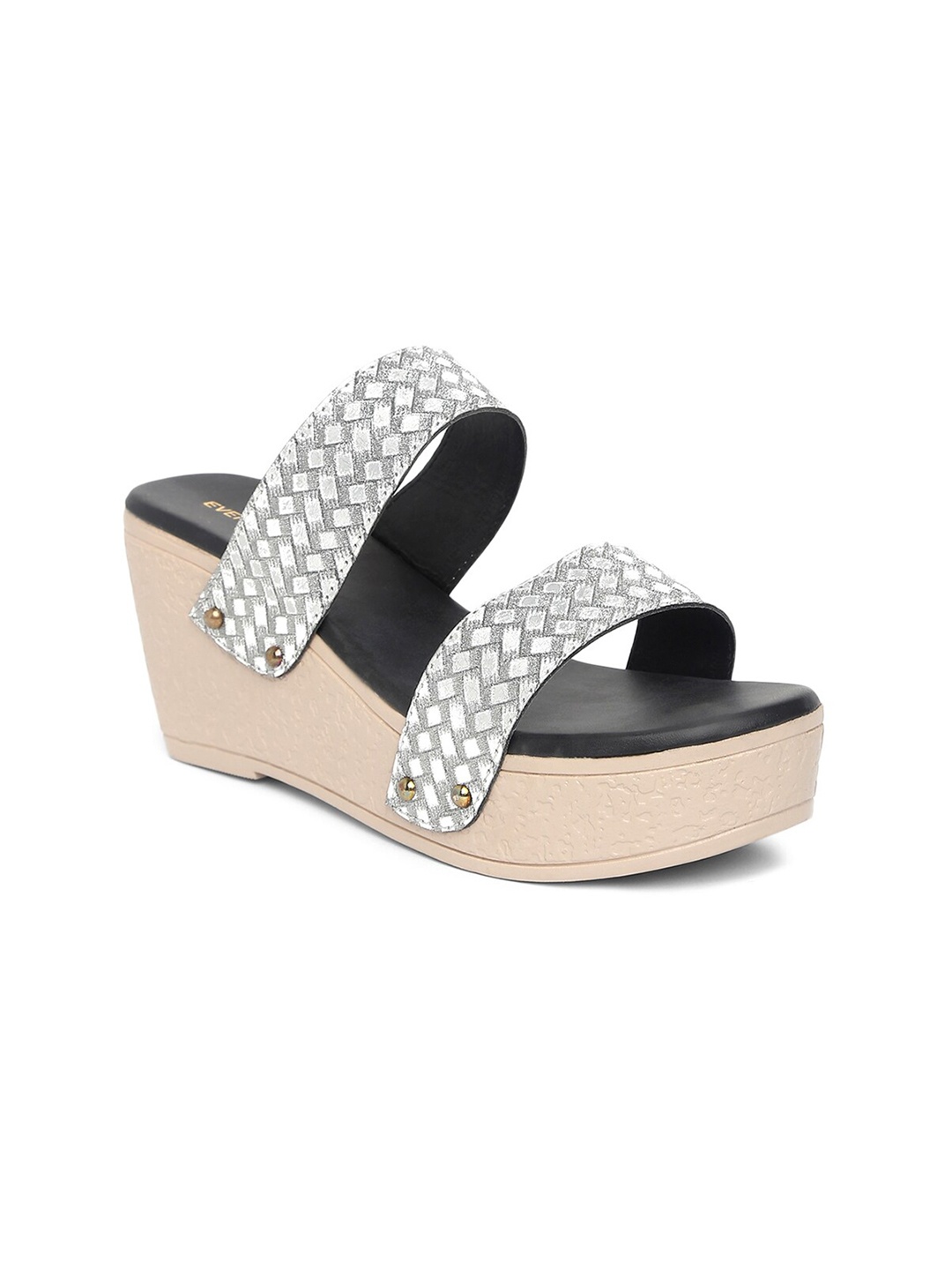 

EVERLY Black & Silver-Toned Embellished Leather Wedge Sandals