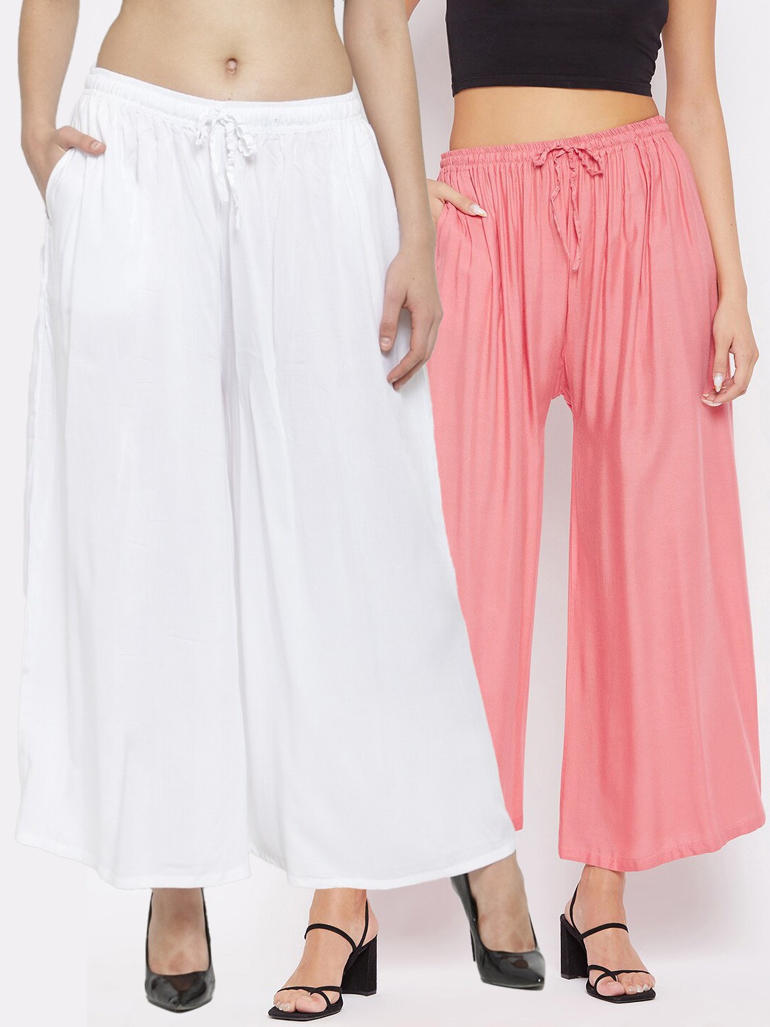 

Clora Creation Women Pink & White Pack Of 2 Flared Knitted Palazzos