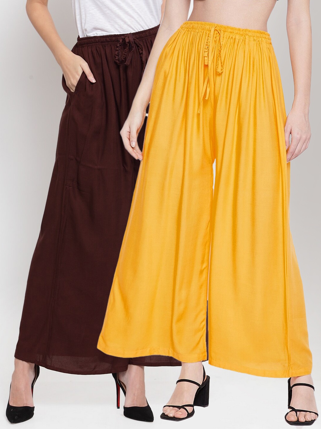 

Clora Creation Women Coffee Brown & Yellow Flared Palazzos Set Of 2
