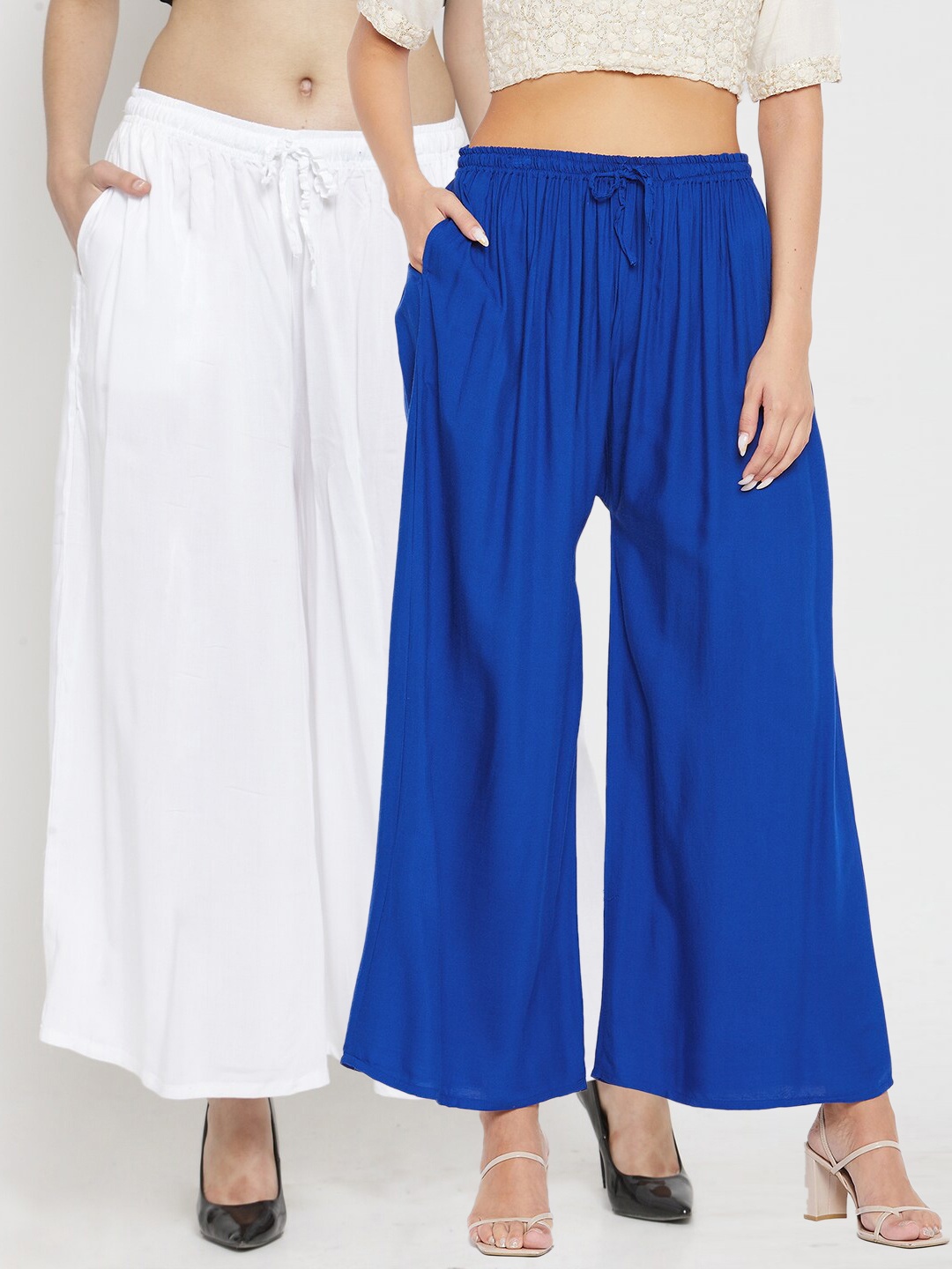 

Clora Creation Women White & Blue Set of 2 Solid Flared Knitted Palazzos