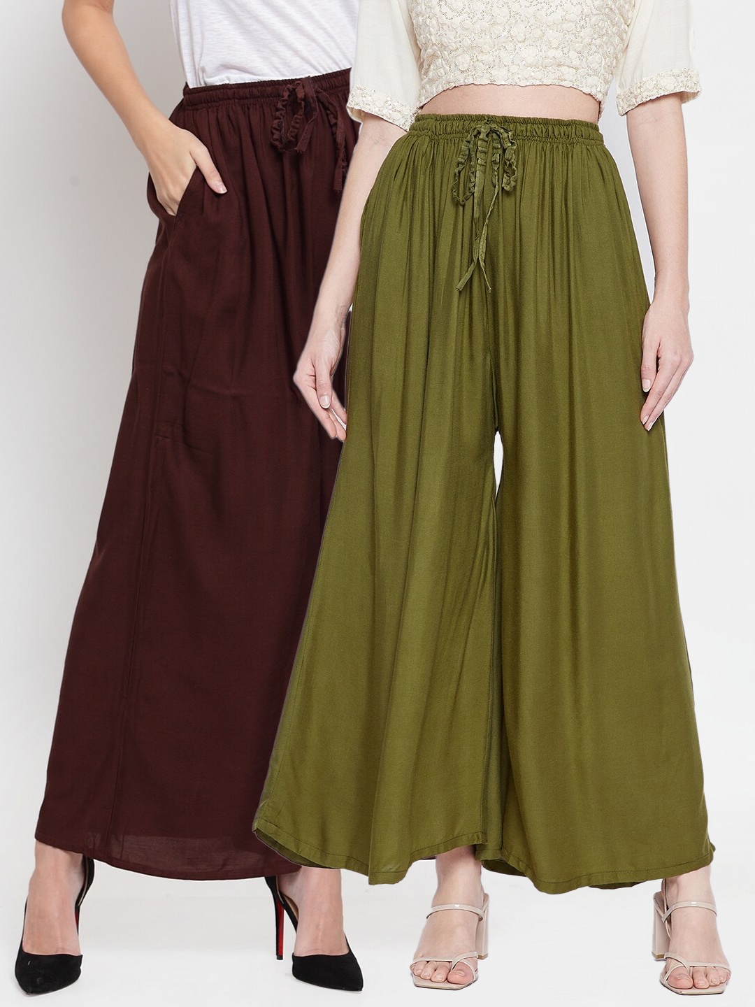 

Clora Creation Women Green & Maroon Solid Set of 2 Flared Palazzos