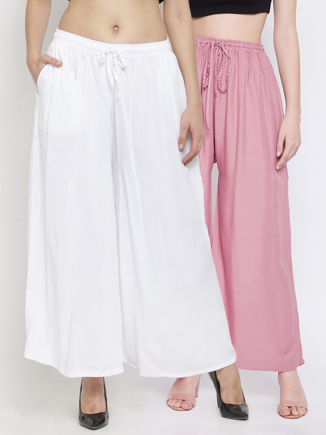 

Clora Creation Women Pink & White Pack of 2 Flared Knitted Palazzos