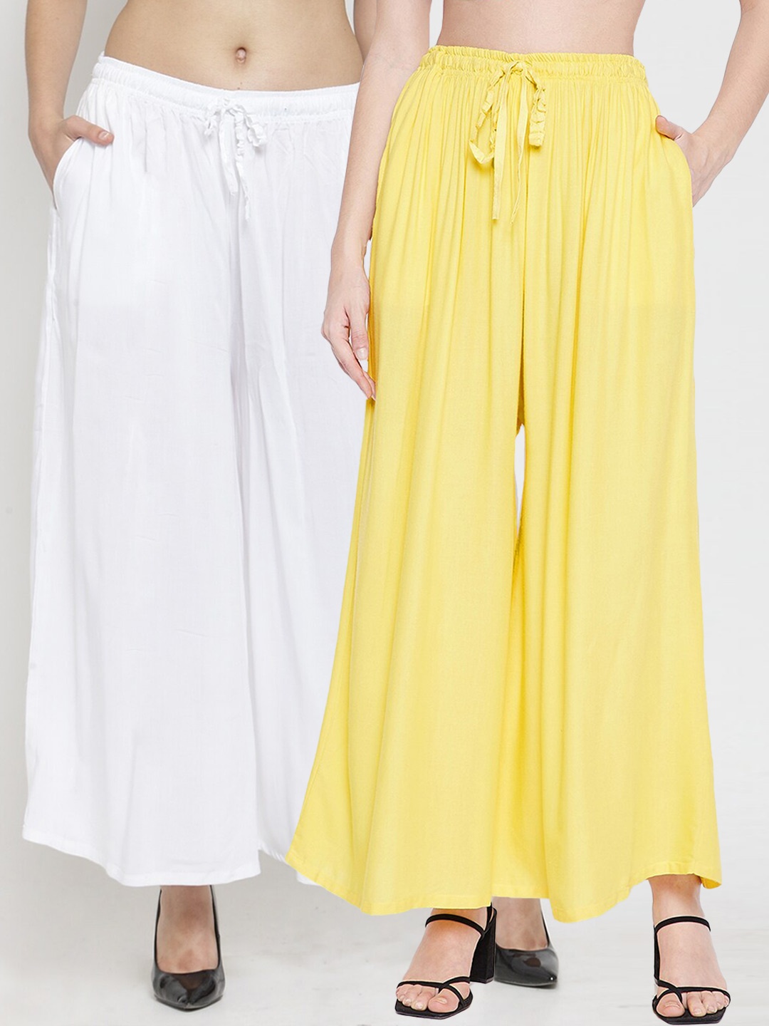 

Clora Creation Women Yellow & White Set Of 2 Flared Knitted Palazzos