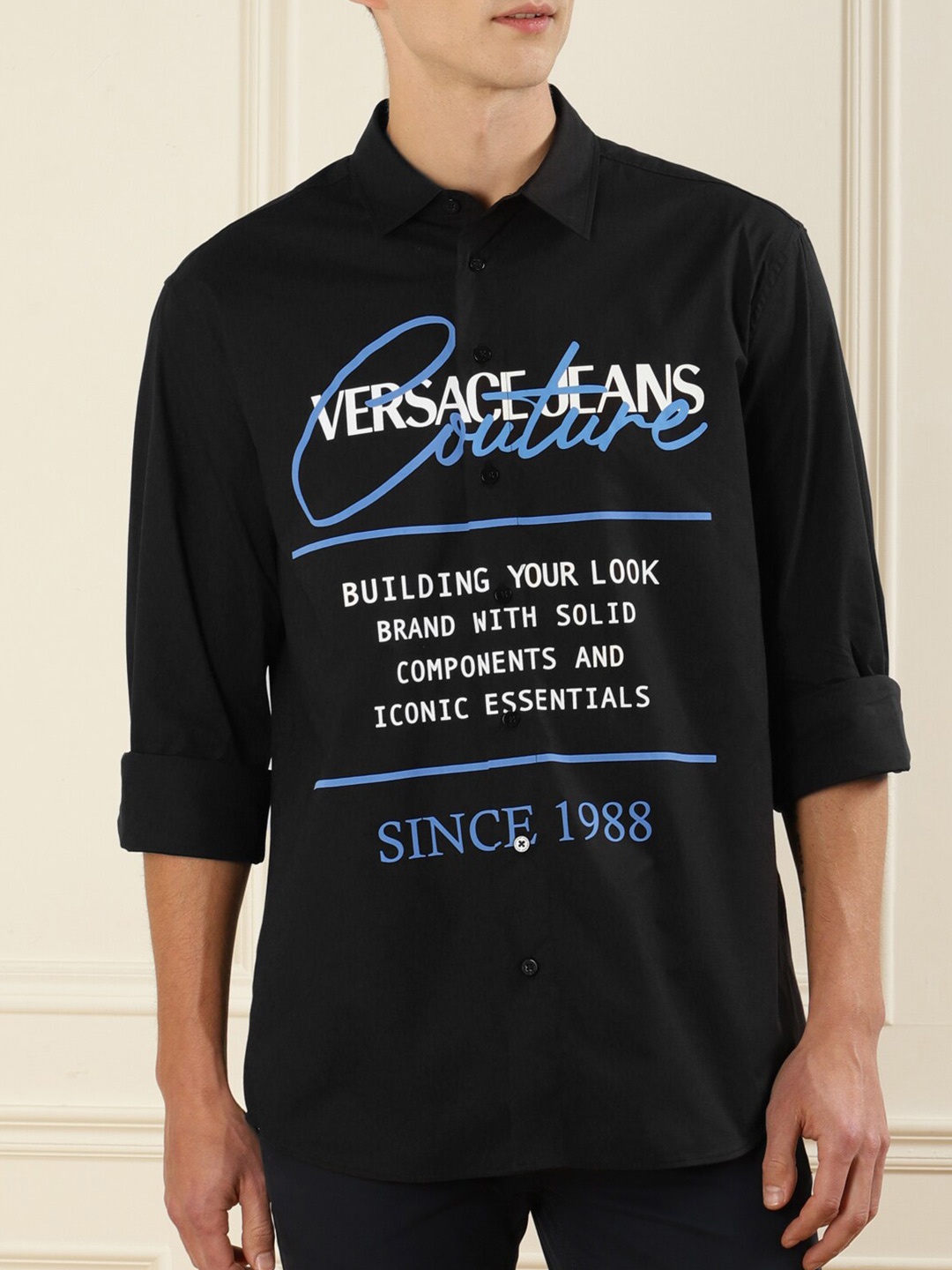 

Versace Jeans Couture Men Black Classic Printed Chest Branding Cotton Casual Shirt