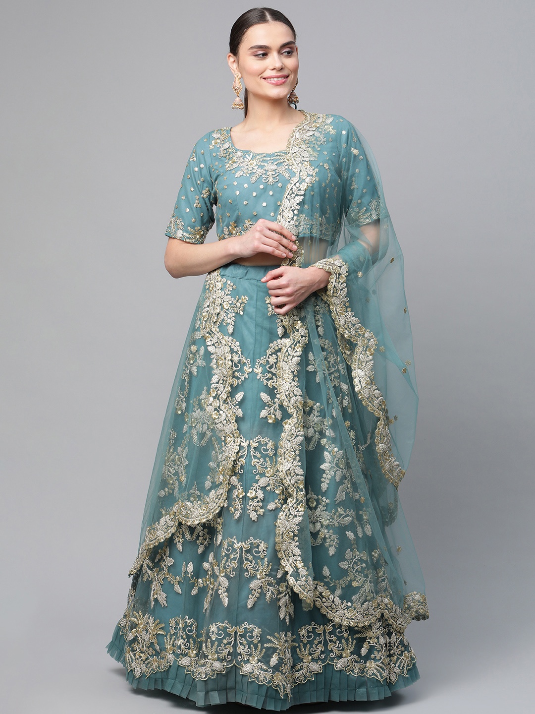 

Readiprint Fashions Teal & Gold-Toned Embroidered Semi-Stitched Lehenga & Unstitched Blouse With Dupatta