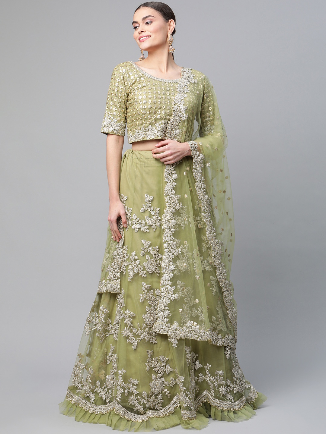 

Readiprint Fashions Olive Green Embroidered Sequinned Semi-Stitched Lehenga & Unstitched Blouse With Dupatta