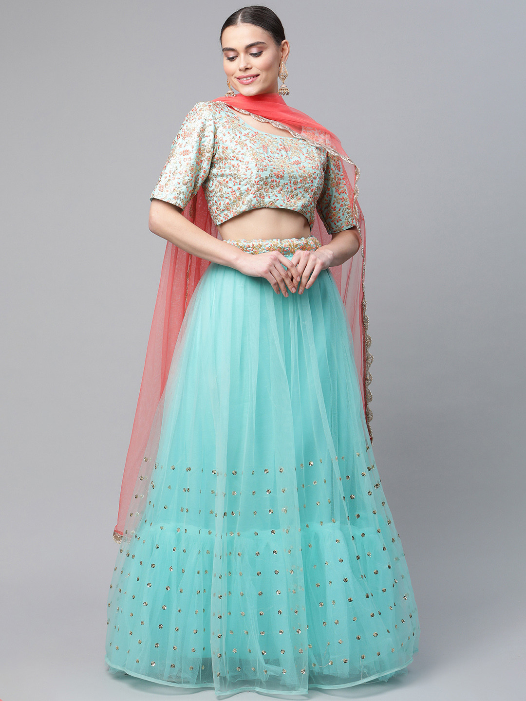 

Readiprint Fashions Turquoise Blue & Pink Embroidered Sequinned Semi-Stitched Lehenga & Unstitched Blouse