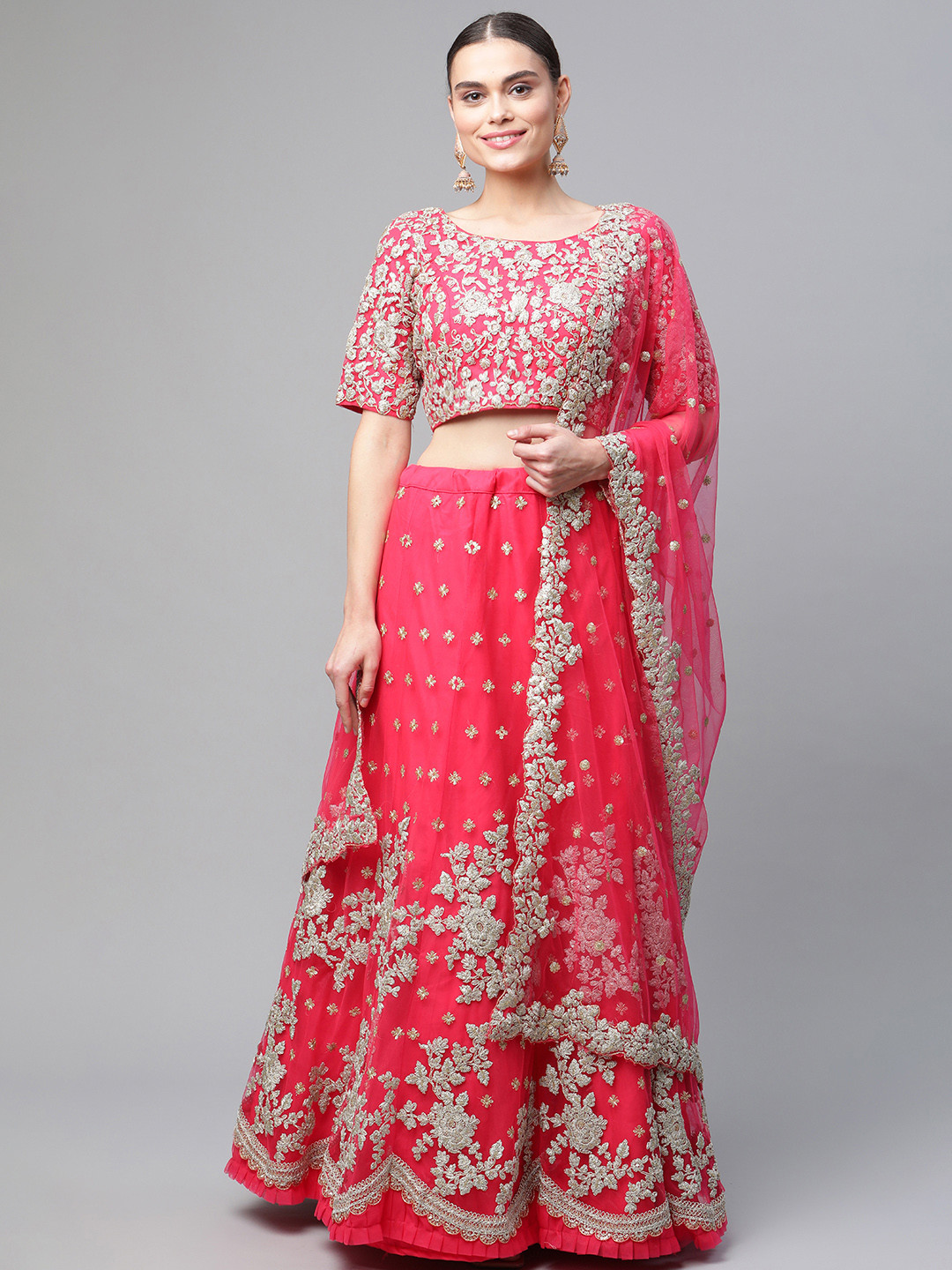 

Readiprint Fashions Pink & Silver-Toned Embroidered Thread Work Semi-Stitched Lehenga & Unstitched Blouse