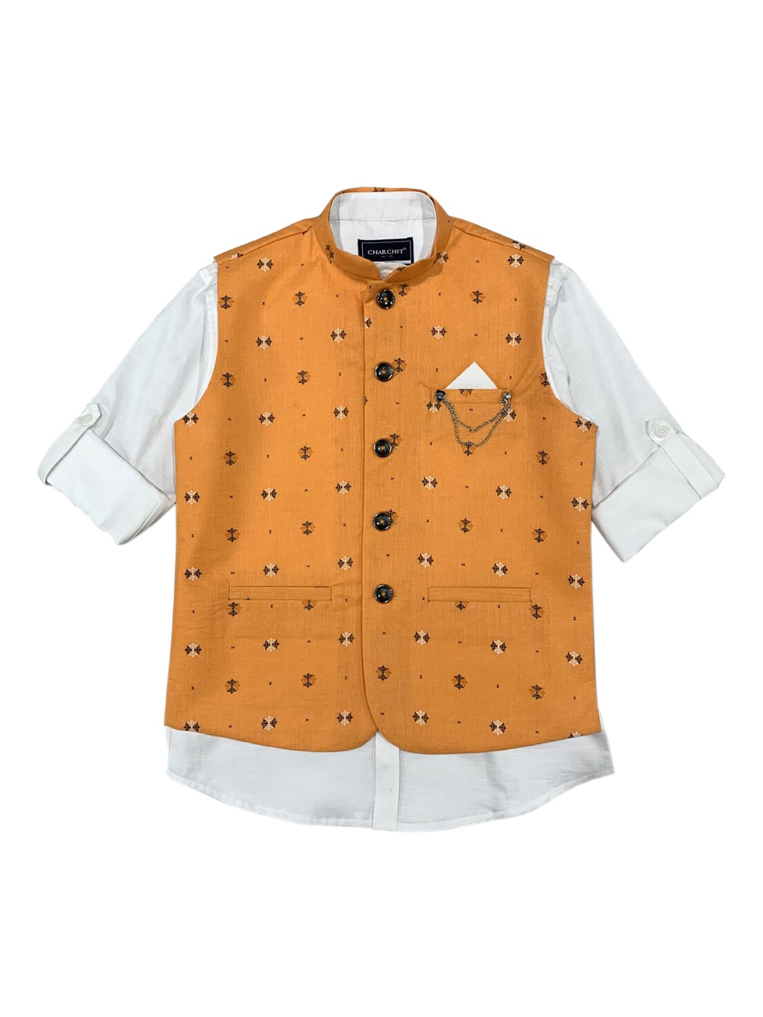 

CHARCHIT Boys Orange Printed Nehru jacket