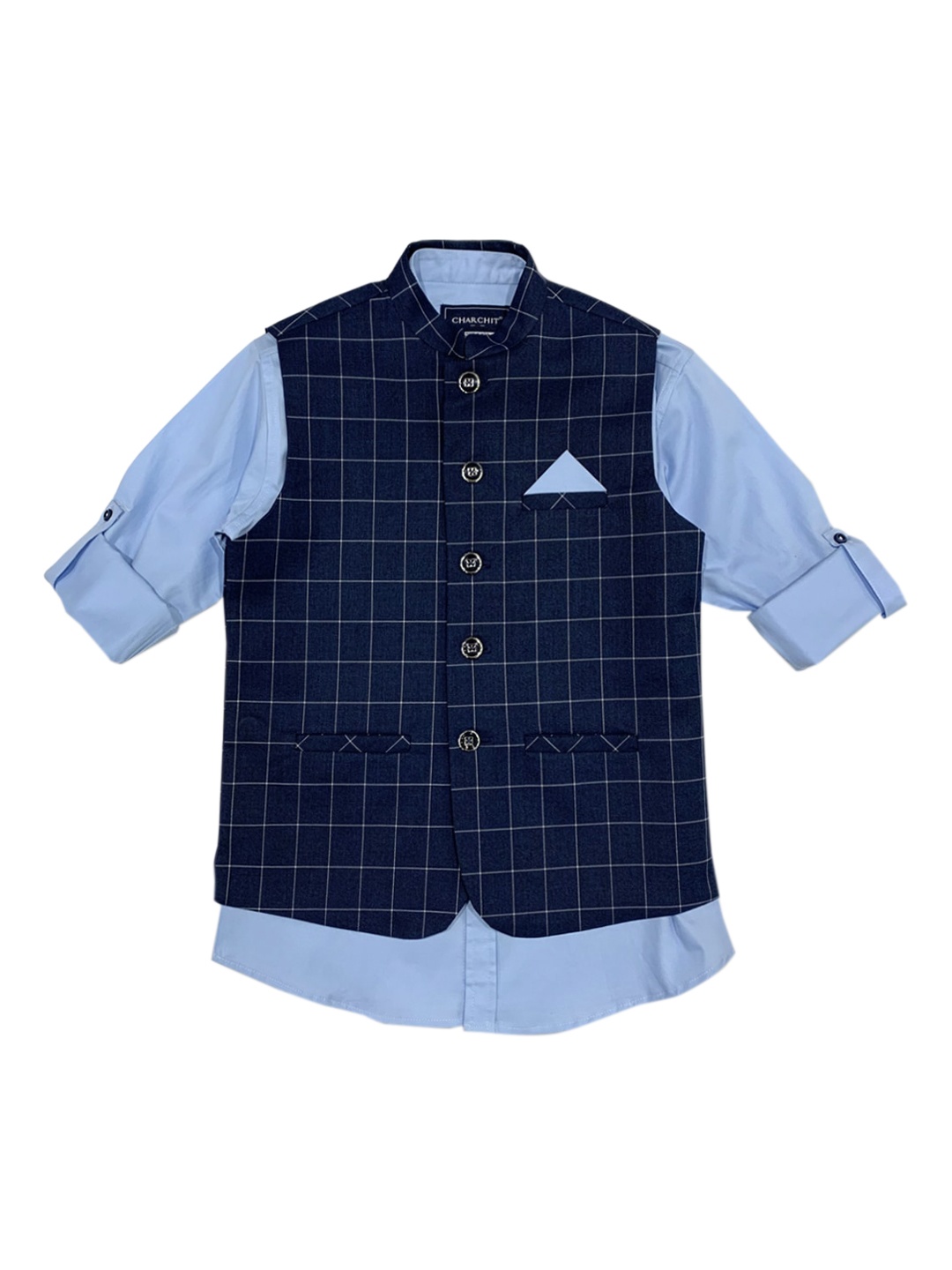 

CHARCHIT Boys Blue Full Sleeve Checks Printed Nehru Jacket With Full Shirt, Navy blue
