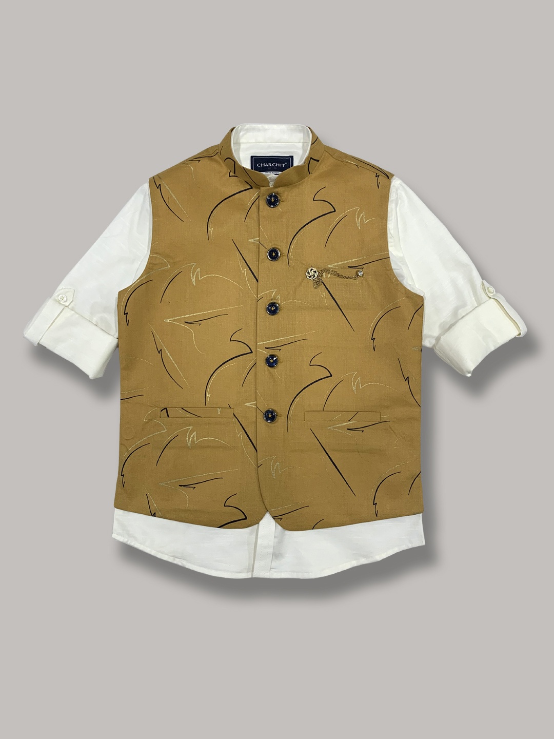 

CHARCHIT Boys Khaki Printed Nehru Jacket With Shirt