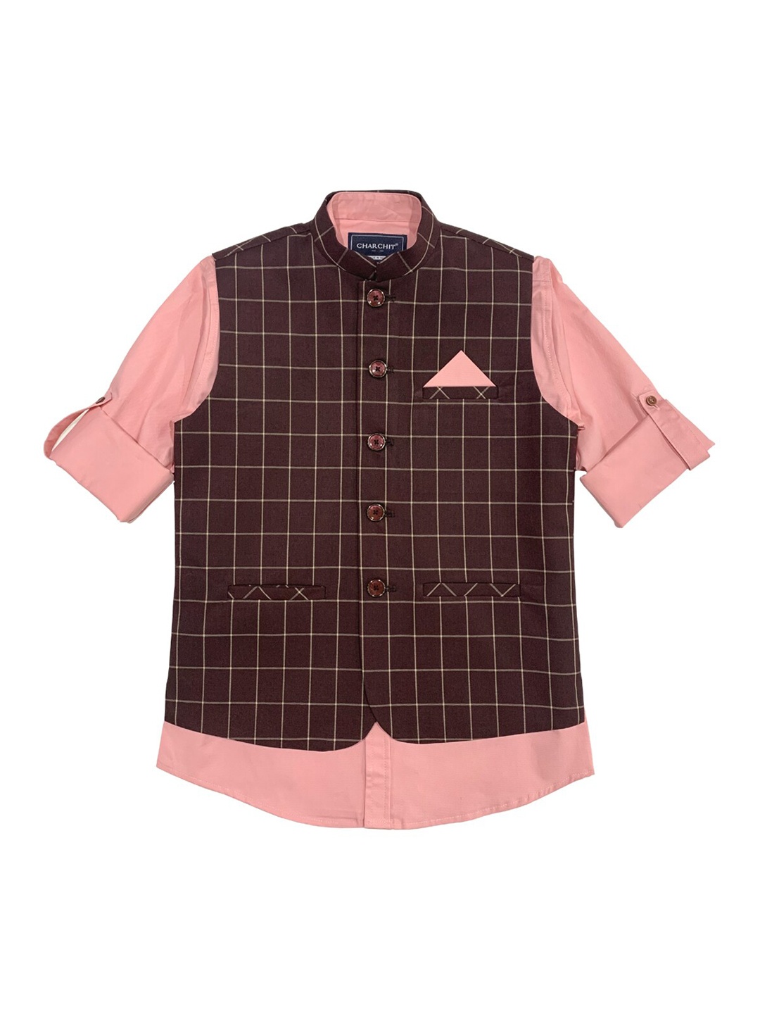 

CHARCHIT Boys Maroon Checked Nehru Jacket With Shirt