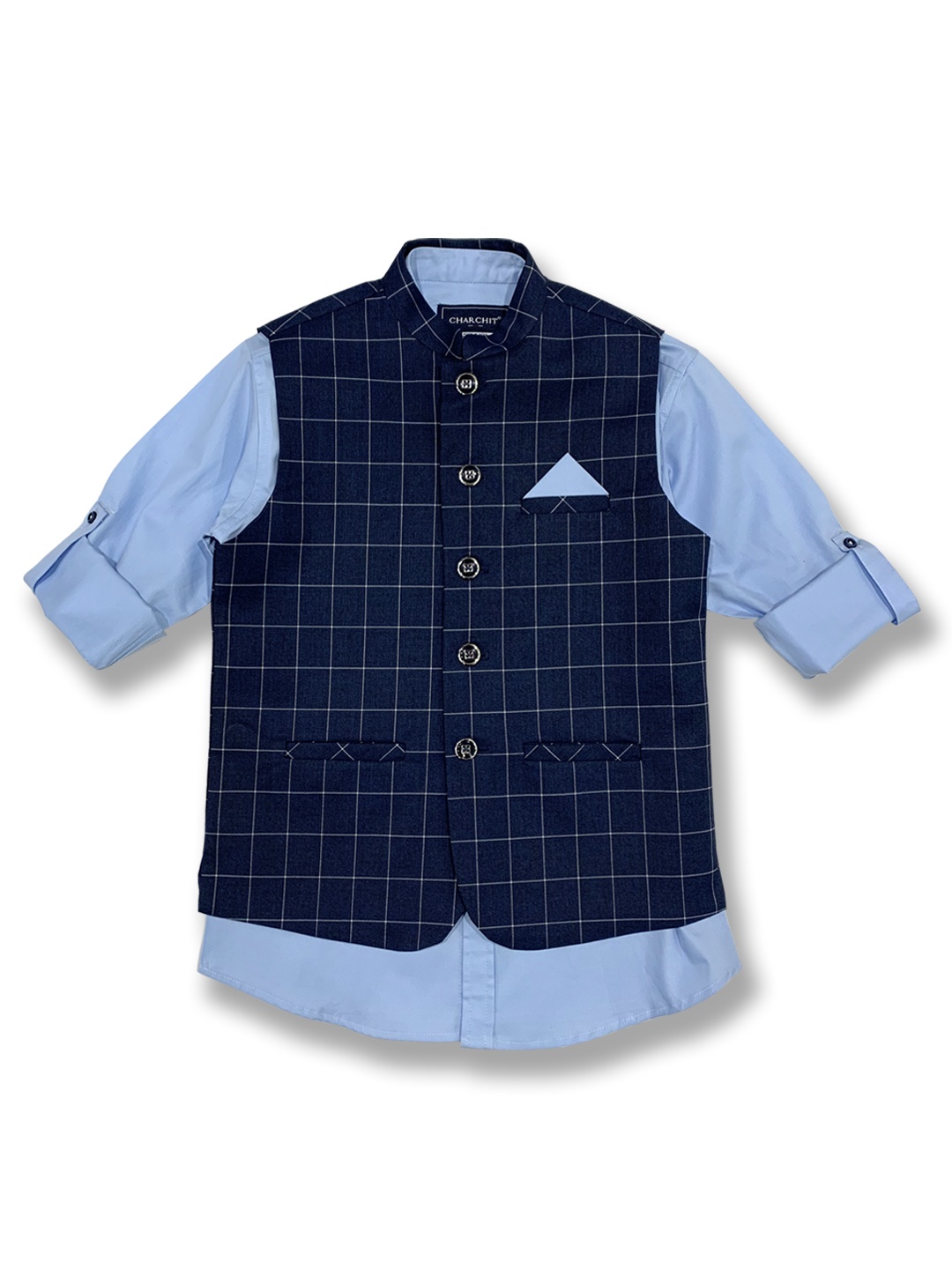 

CHARCHIT Boys Navy Blue Checked Nehru Jacket