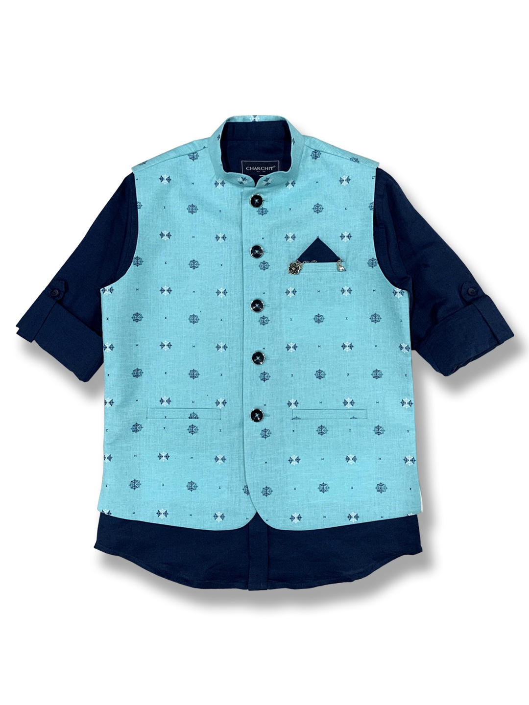 

CHARCHIT Boys Turquoise Blue Printed Jacket