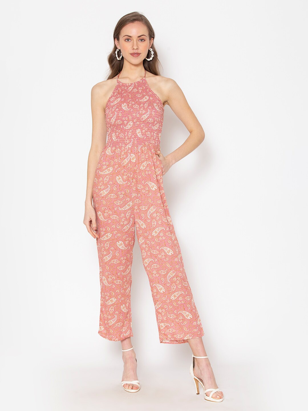 

FLAWLESS Peach-Coloured & White Halter Neck Paisley Printed Basic Jumpsuit