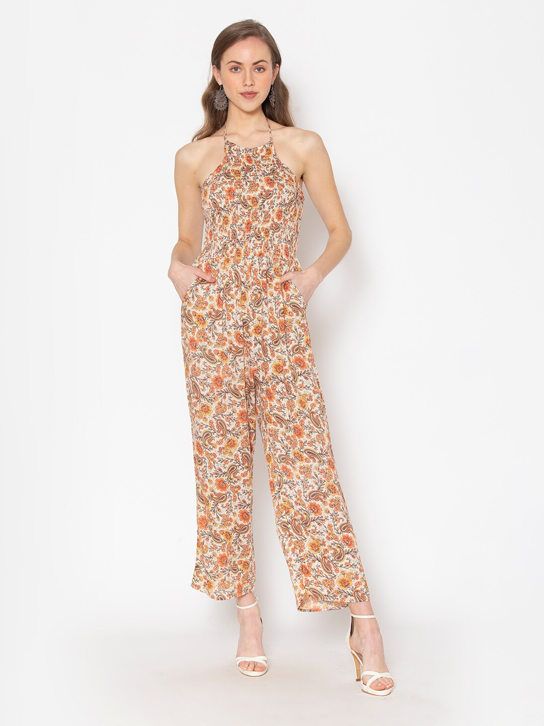 

FLAWLESS Beige & Orange Halter Neck Printed Basic Jumpsuit