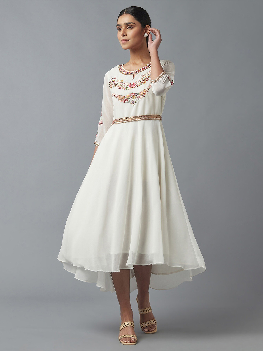 

WISHFUL Women Off White Floral Embroidered Keyhole Neck Ethnic Midi Dress