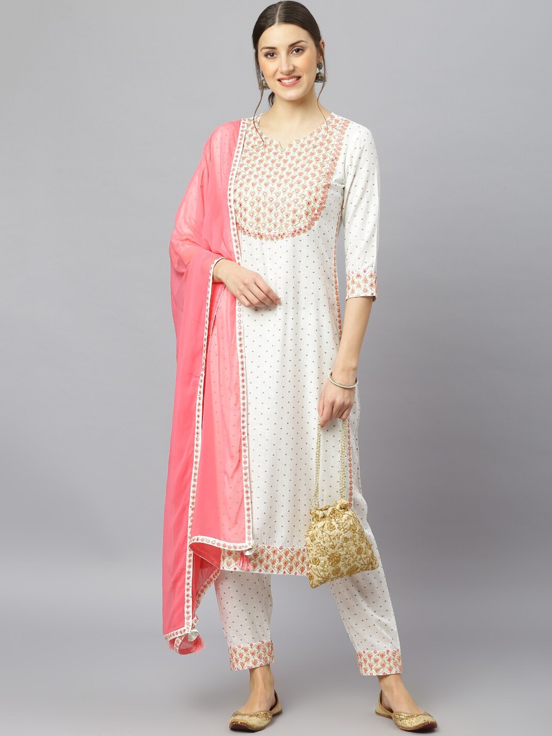 

FASHION DEPTH Women White Yoke Design Mirror Work Kurta with Trousers & Dupatta