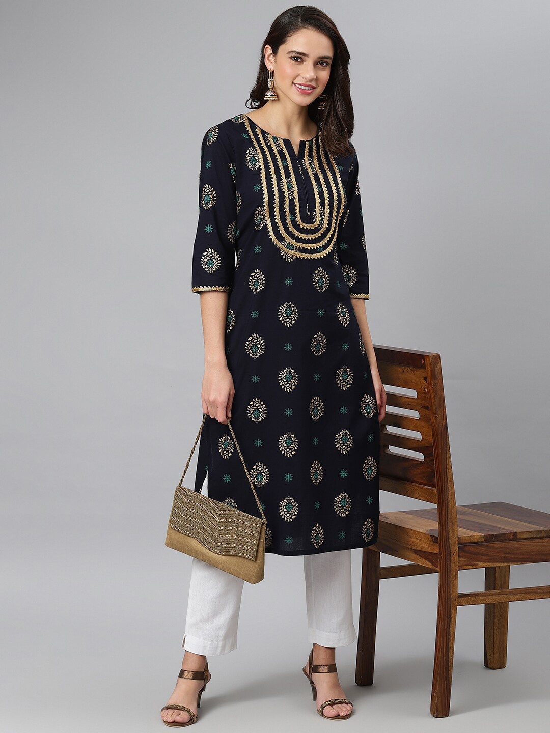 

Khushal K Women Blue Ethnic Motifs Printed Gotta Patti Block Print Kurta
