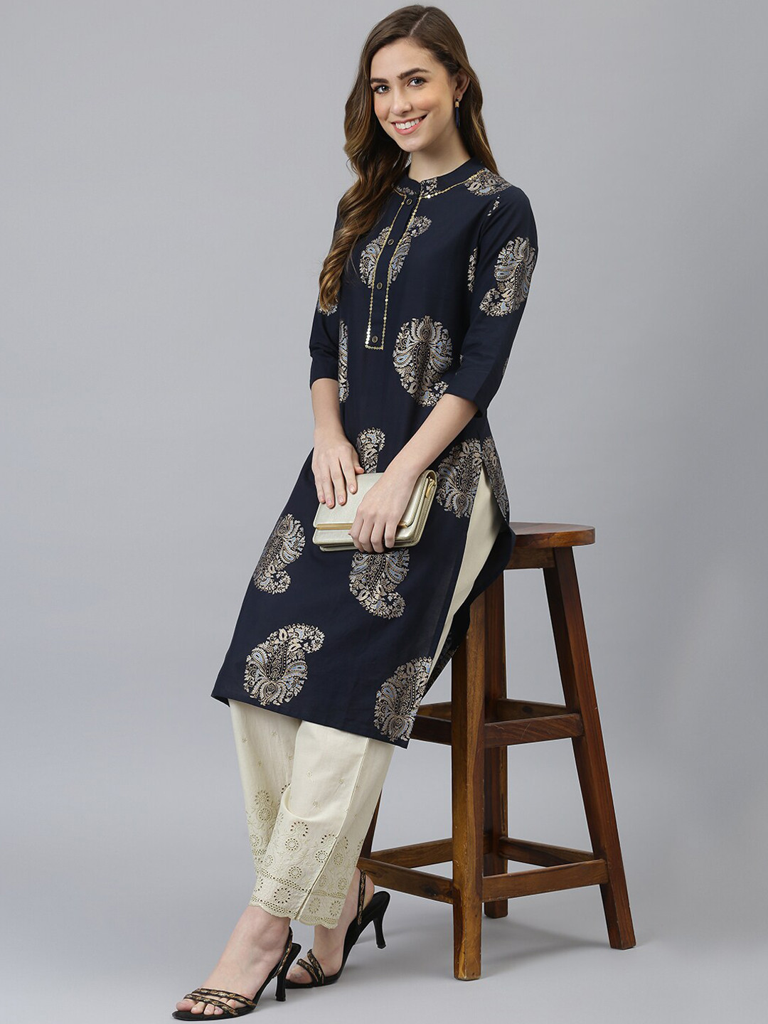 

Khushal K Women Navy Blue Paisley Printed Block Print Kurta
