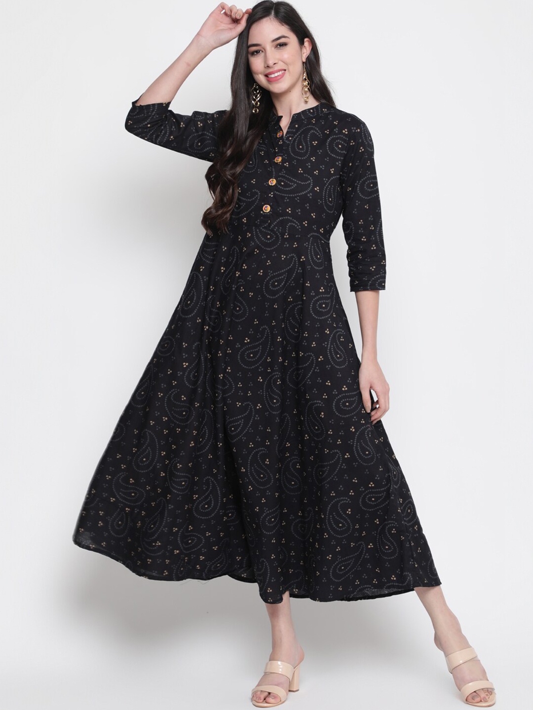

GLAM ROOTS Black Bandhani Printed Ethnic A-Line Midi Dress