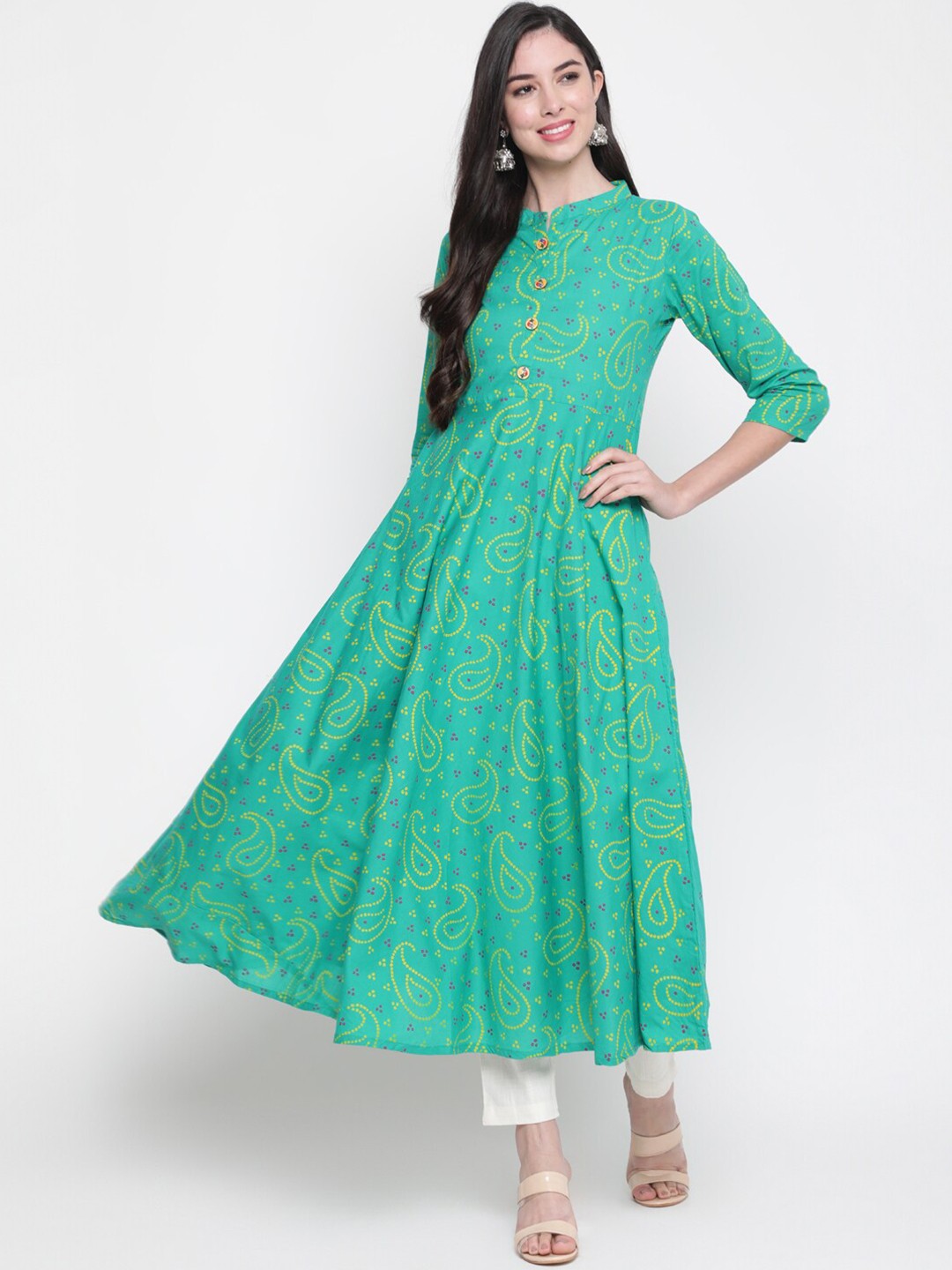 

GLAM ROOTS Women Green Paisley Printed Anarkali Kurta