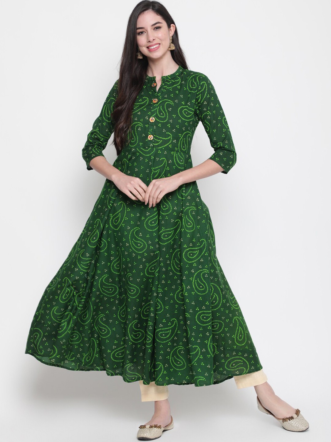 

GLAM ROOTS Women Green Bandhani Printed Anarkali Kurta
