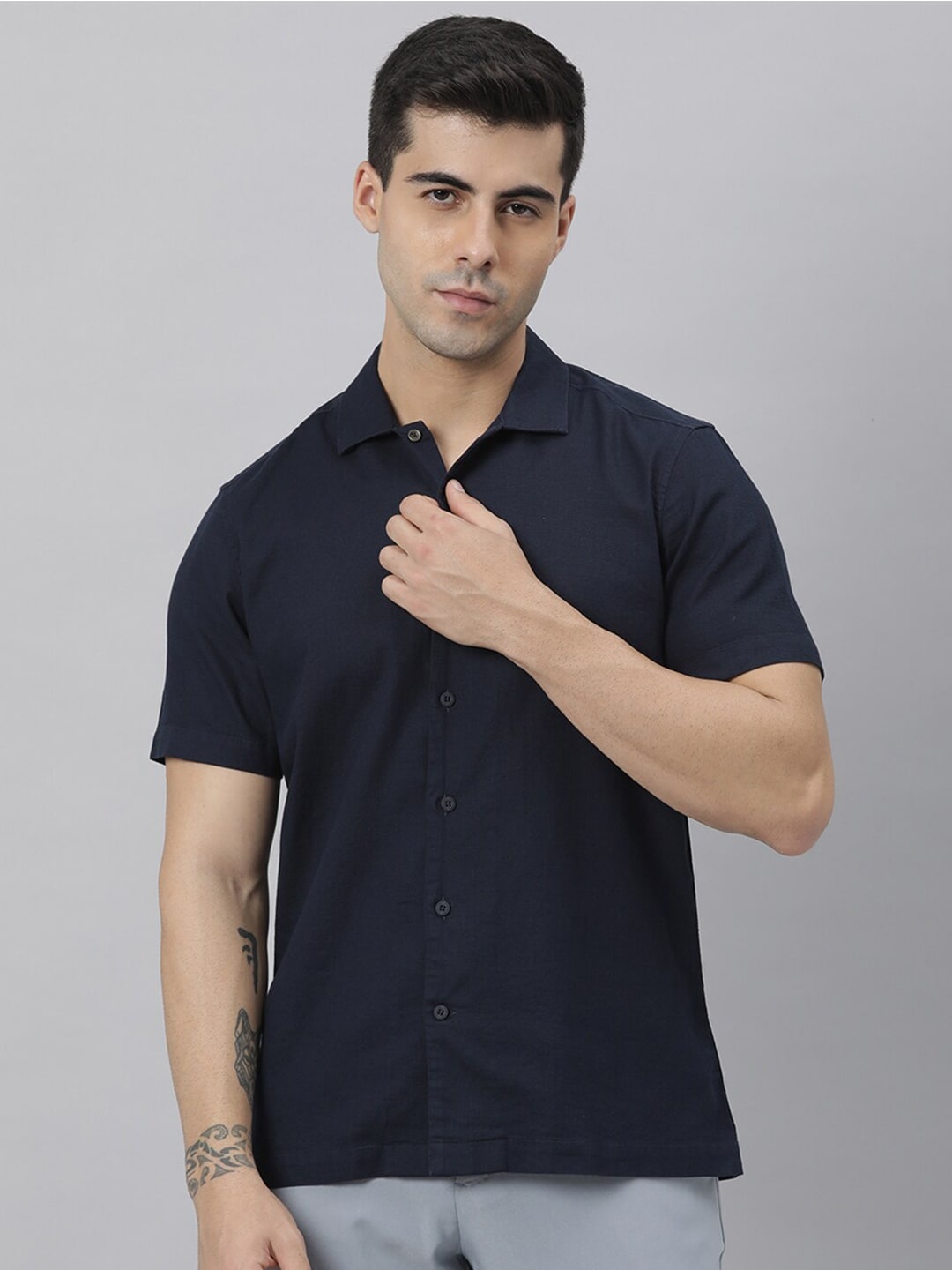

RARE RABBIT Men Navy Blue Custom Slim Fit Cotton Casual Shirt