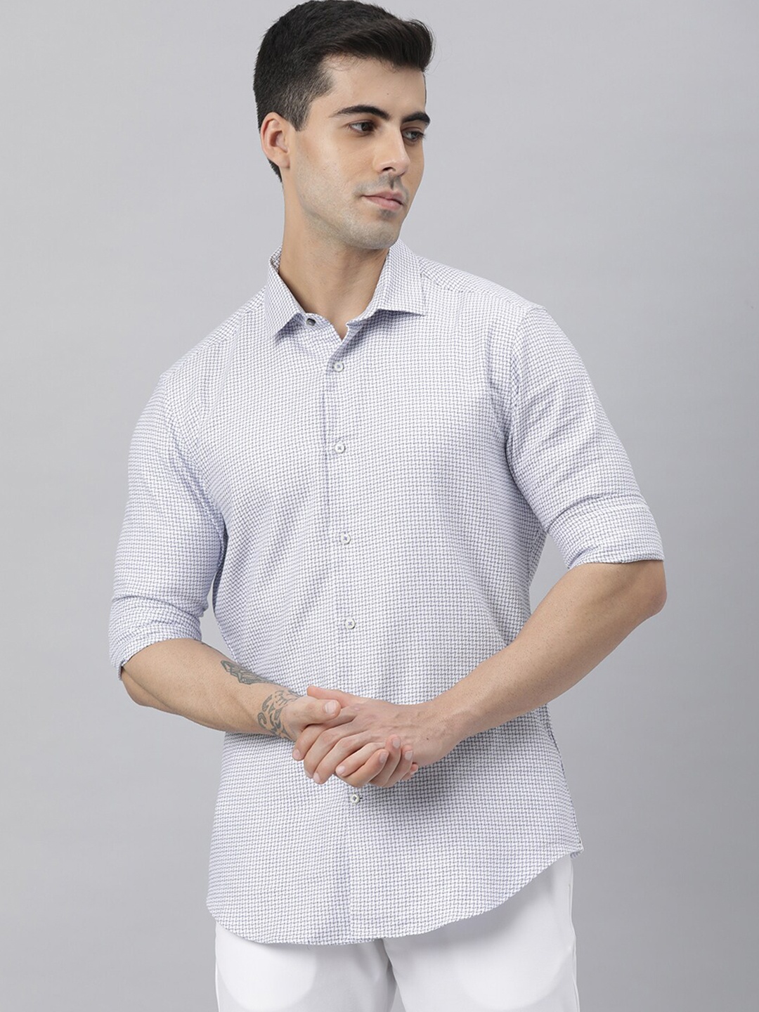 

RARE RABBIT Men Curzon Slim Fit Micro Check Cotton Shirt, Blue